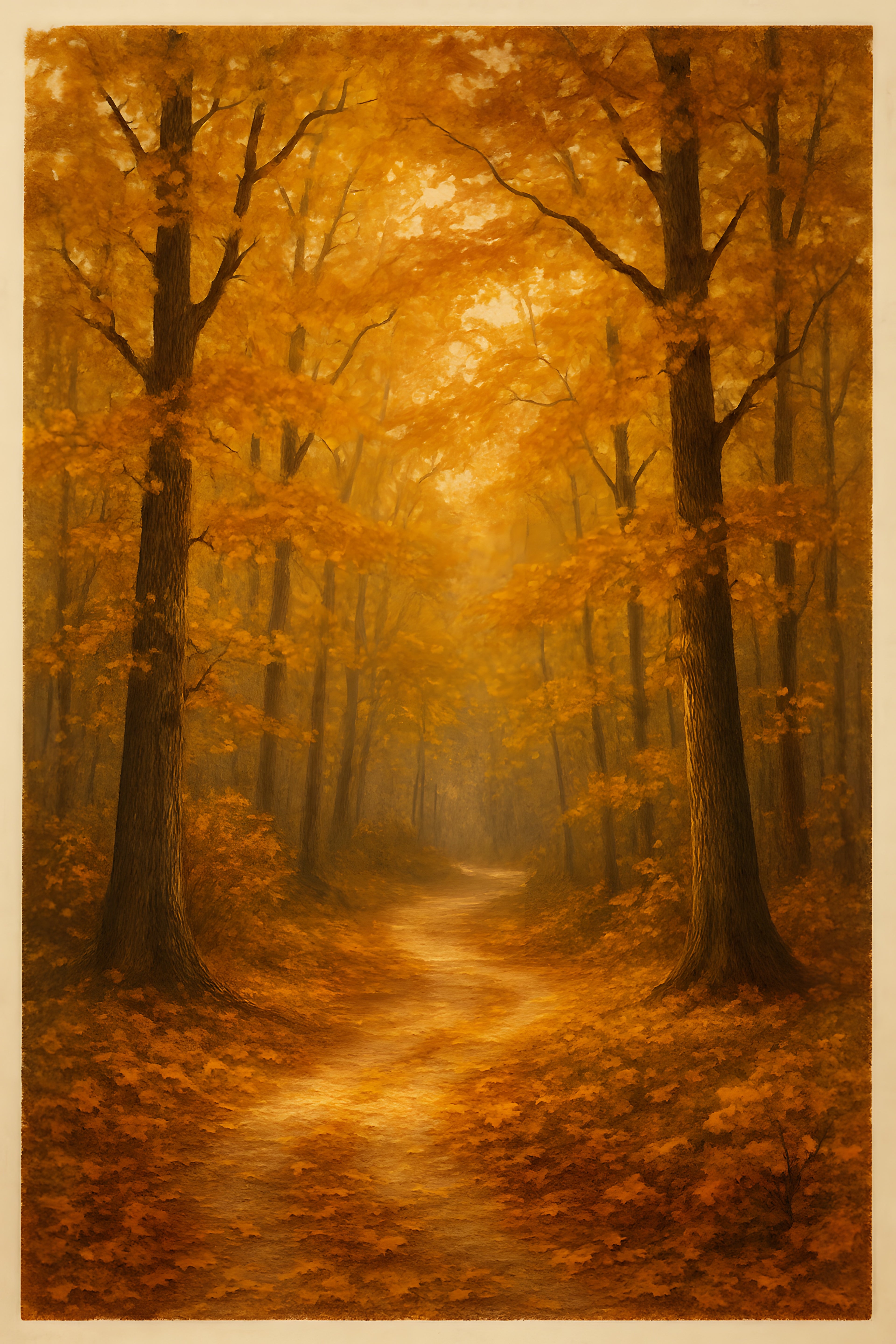 Autumn forest path with golden leaves and soft sunlight f... | Printable Wall Art | Instant Download