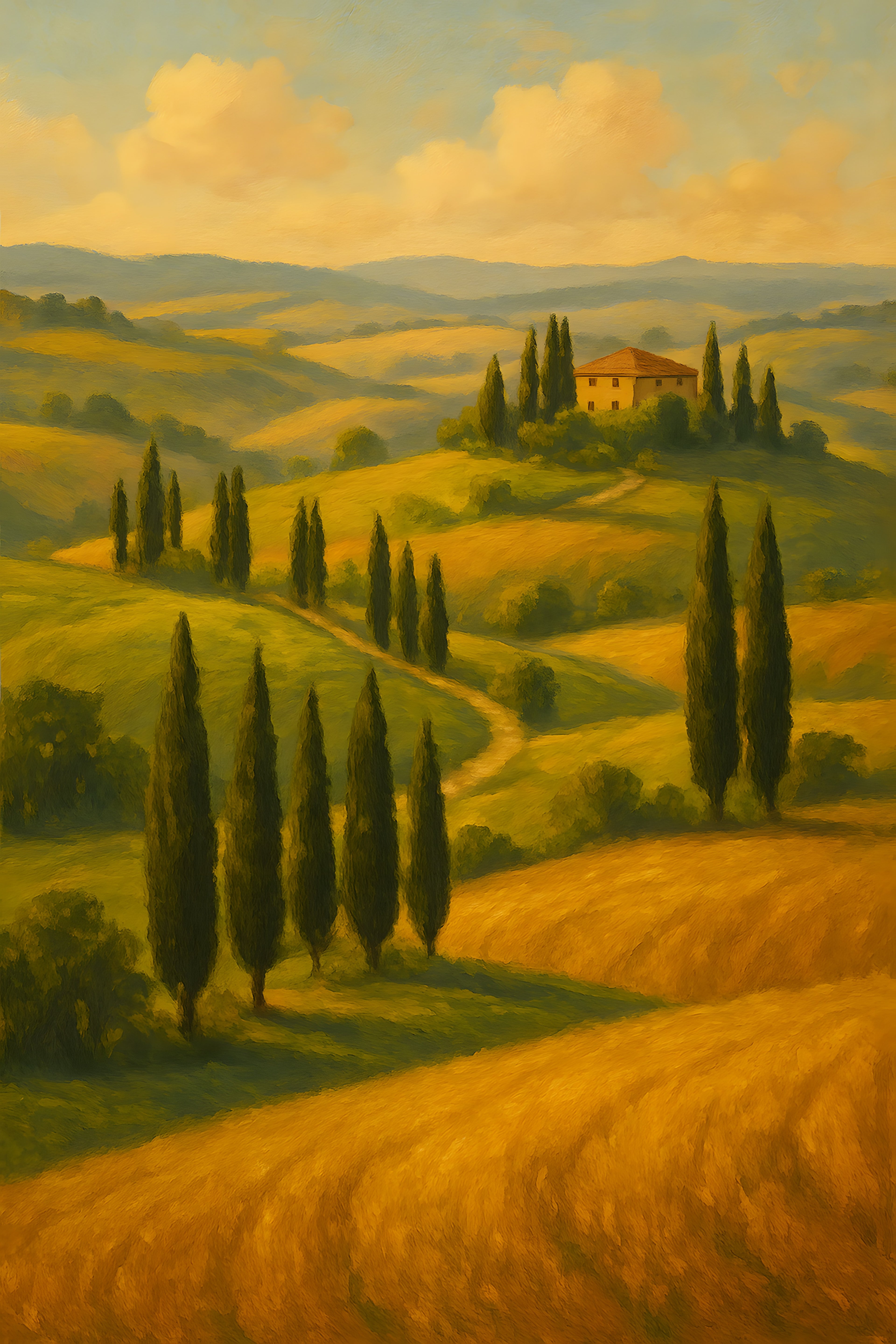 Rolling Tuscan hills with cypress trees and golden wheat ... | Printable Wall Art | Instant Download