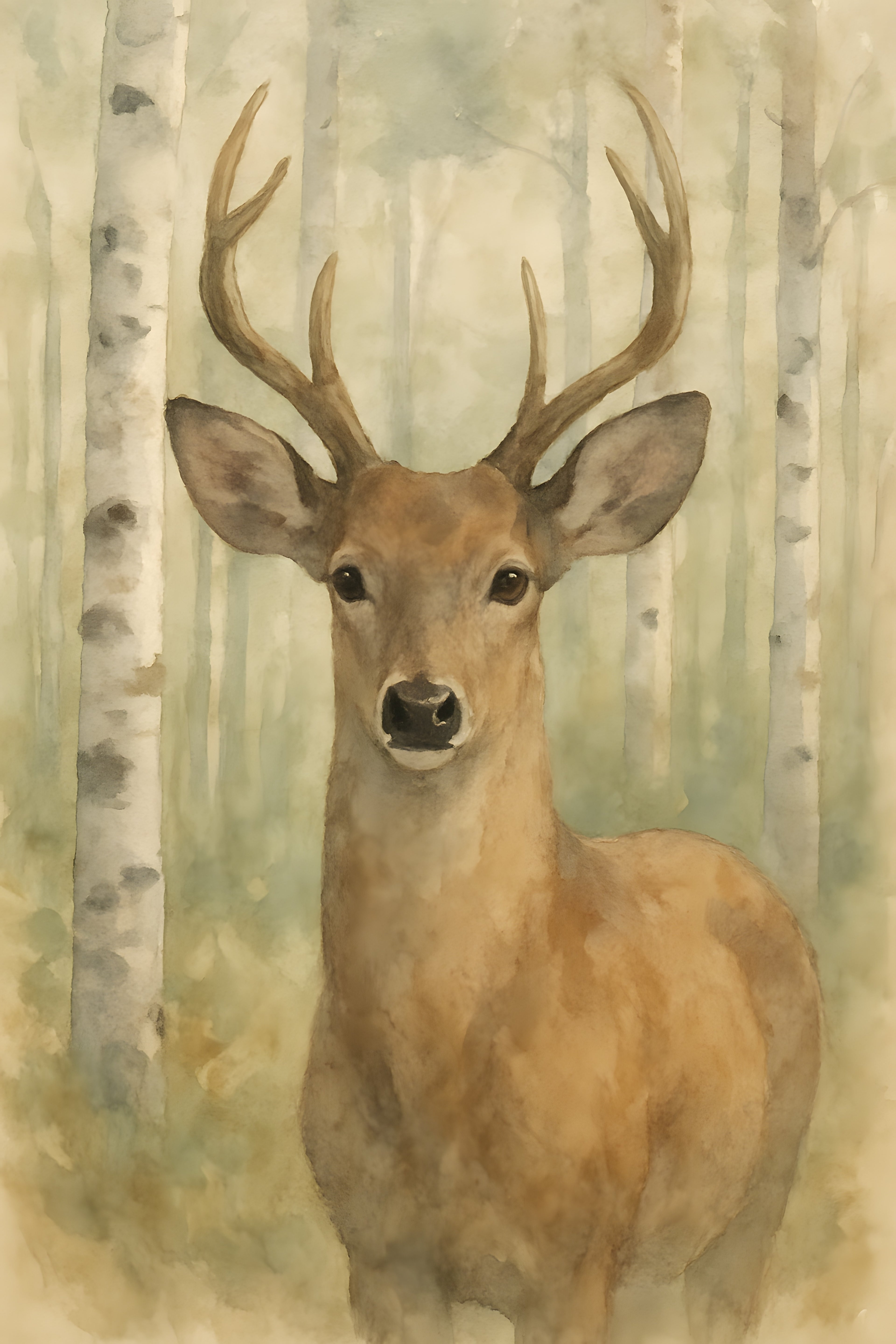 Watercolor portrait of a deer in birch forest | Printable Wall Art | Instant Download