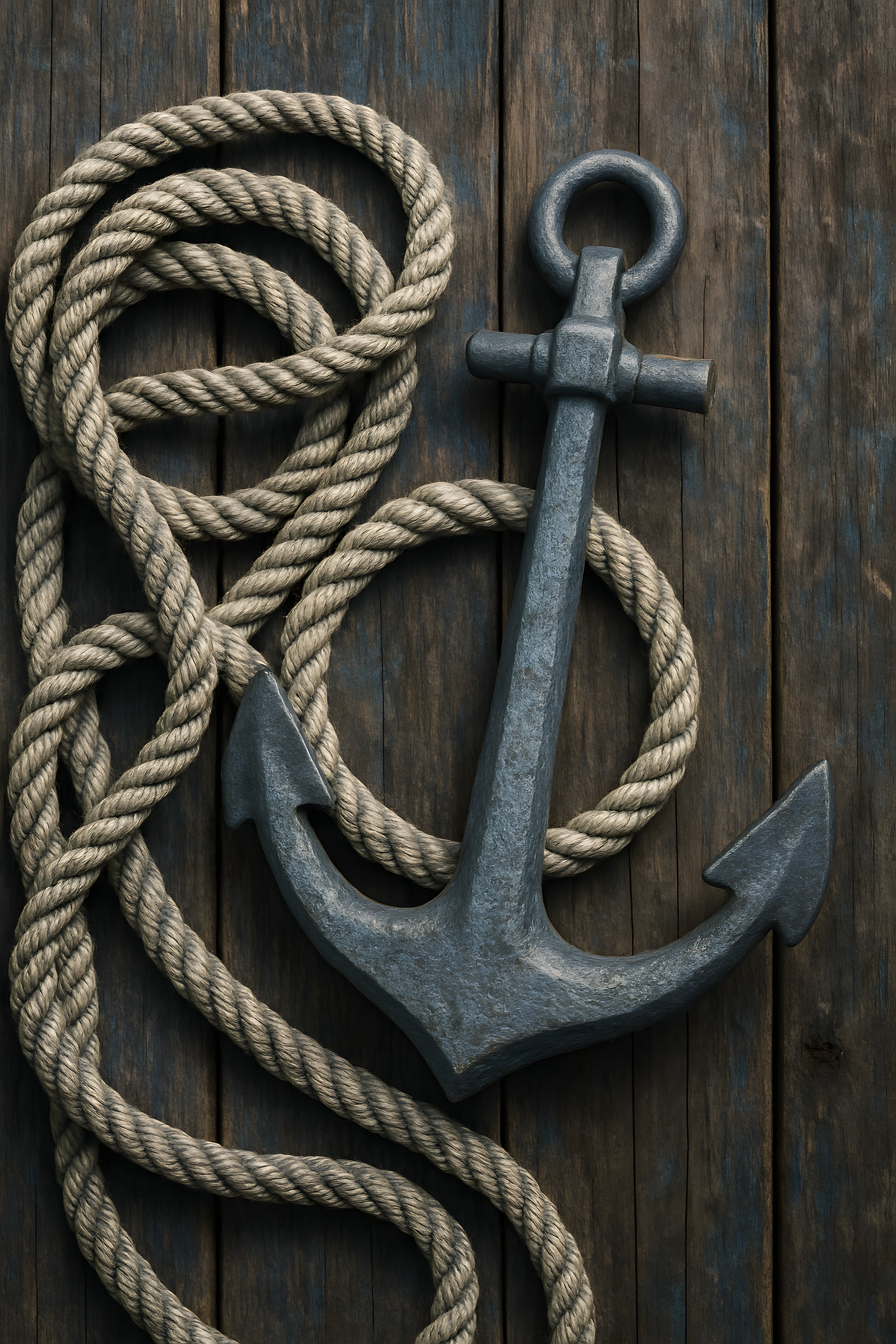 Nautical rope and anchor still life on weathered dock wood | Printable Wall Art | Instant Download