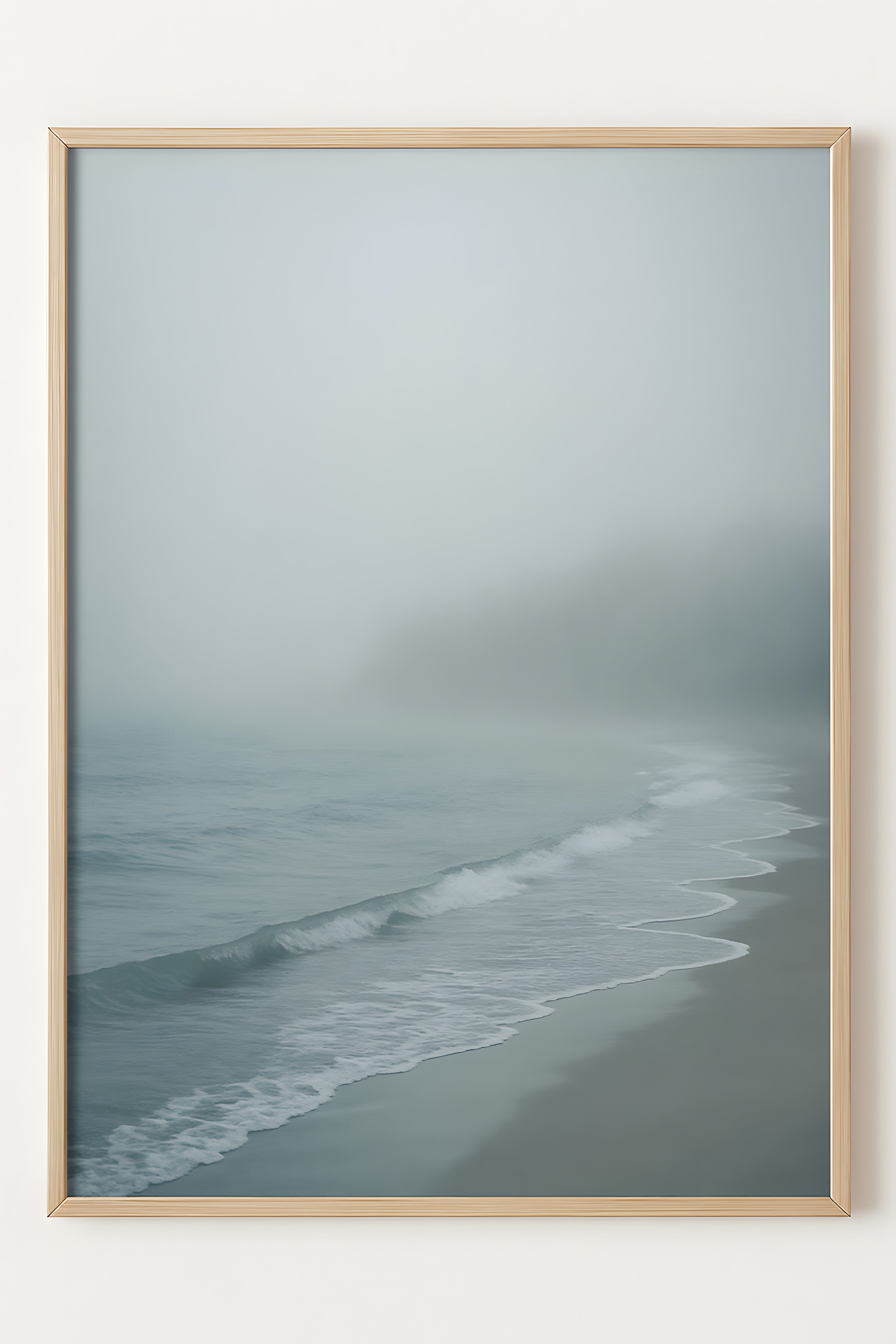 Misty morning beach with soft fog rolling over calm waves | Printable Wall Art | Instant Download
