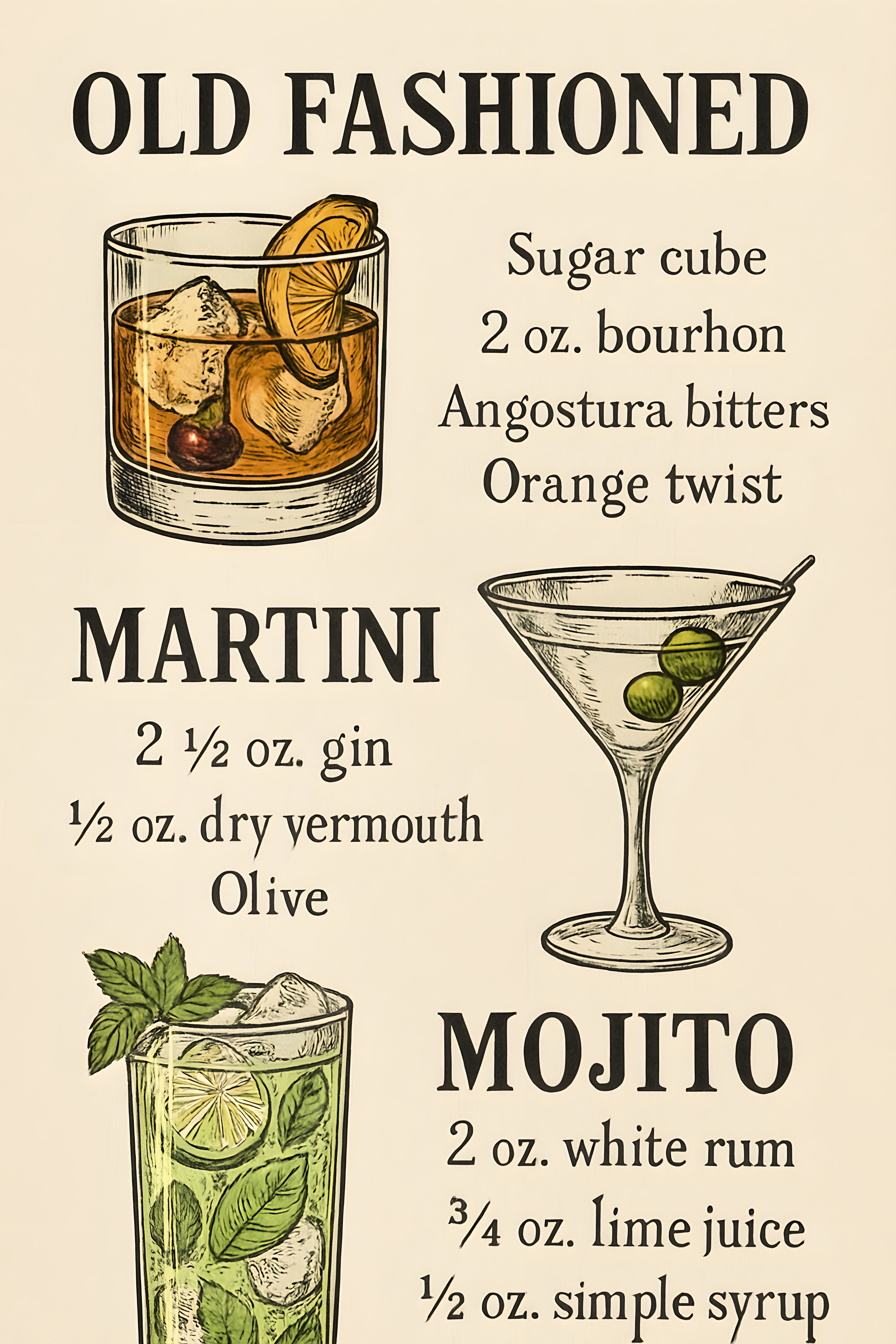 Retro cocktail recipe illustrations — old fashioned | Printable Wall Art | Instant Download