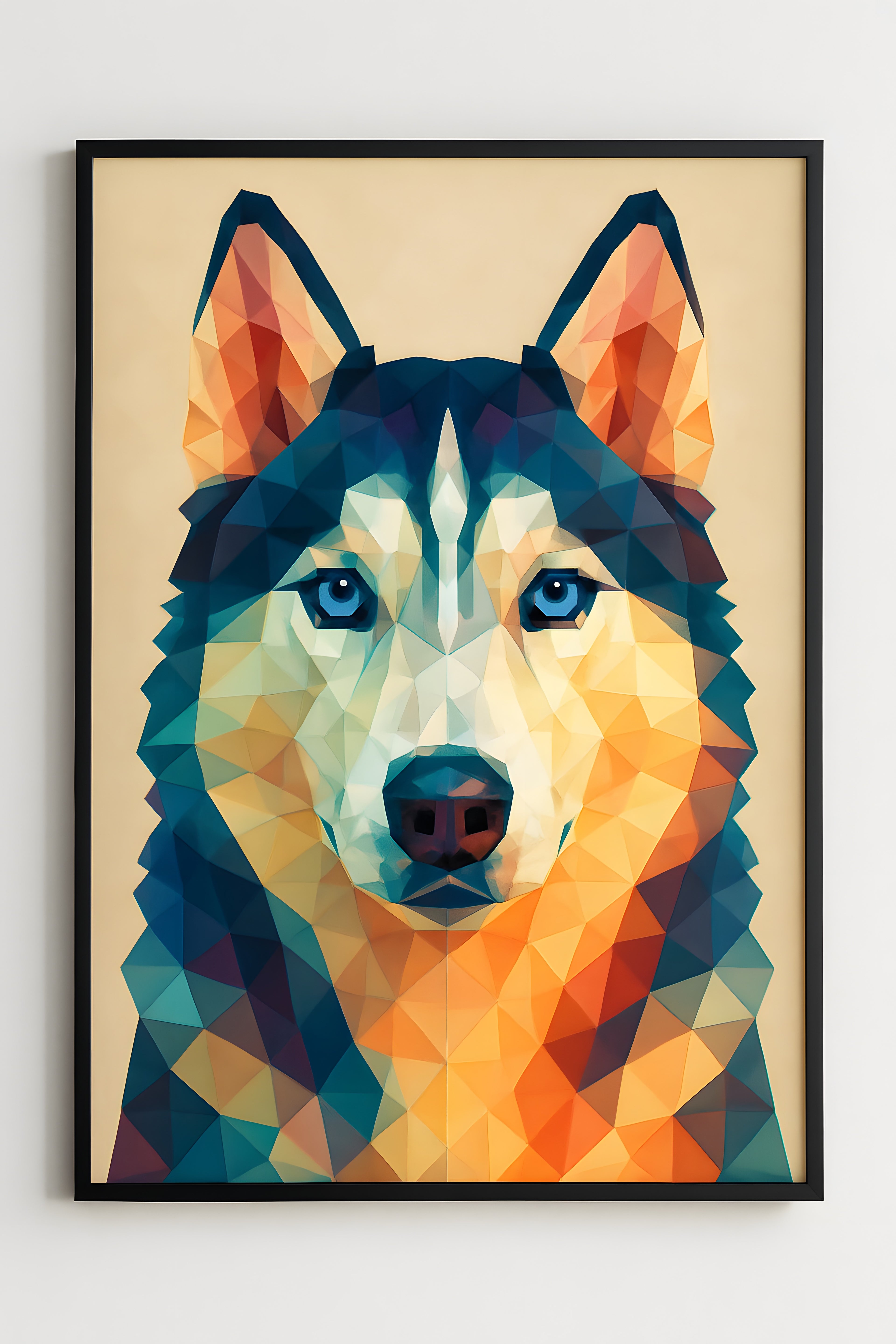 Geometric low-poly portrait of a husky with blue eyes | Printable Wall Art | Instant Download