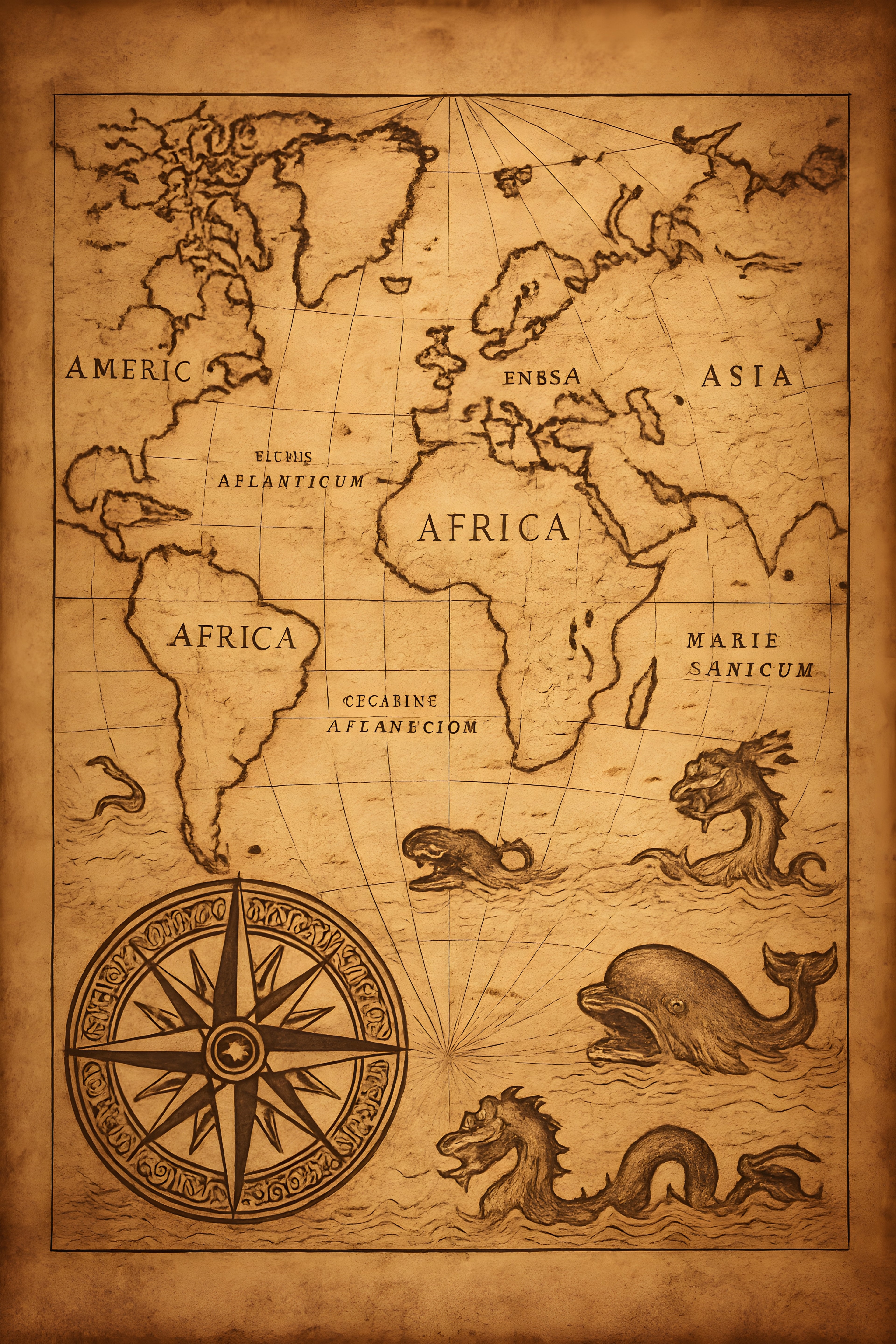 Vintage world map on aged parchment with decorative compa... | Printable Wall Art | Instant Download