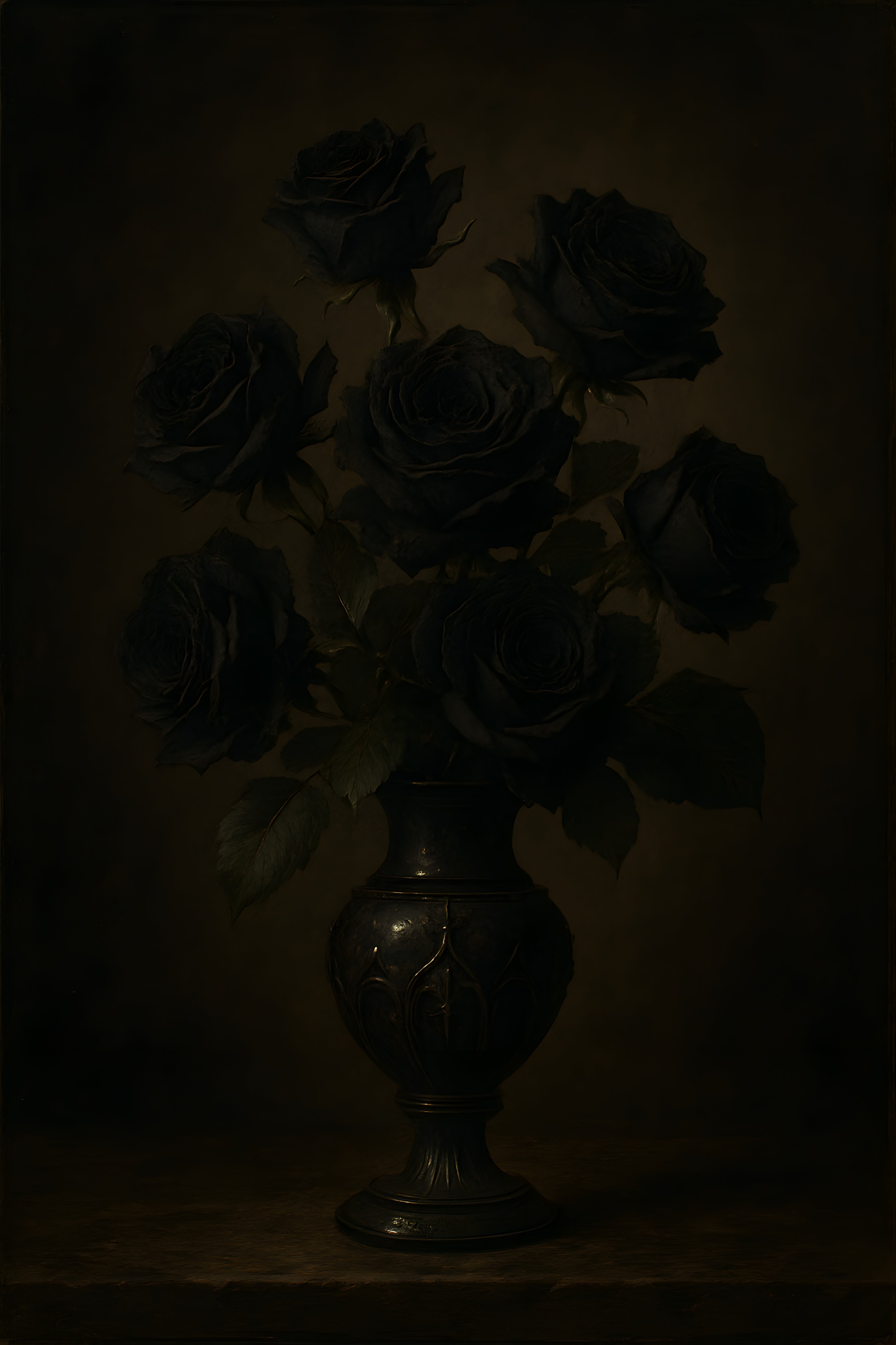 Dark still life painting of black roses in a gothic vase | Printable Wall Art | Instant Download