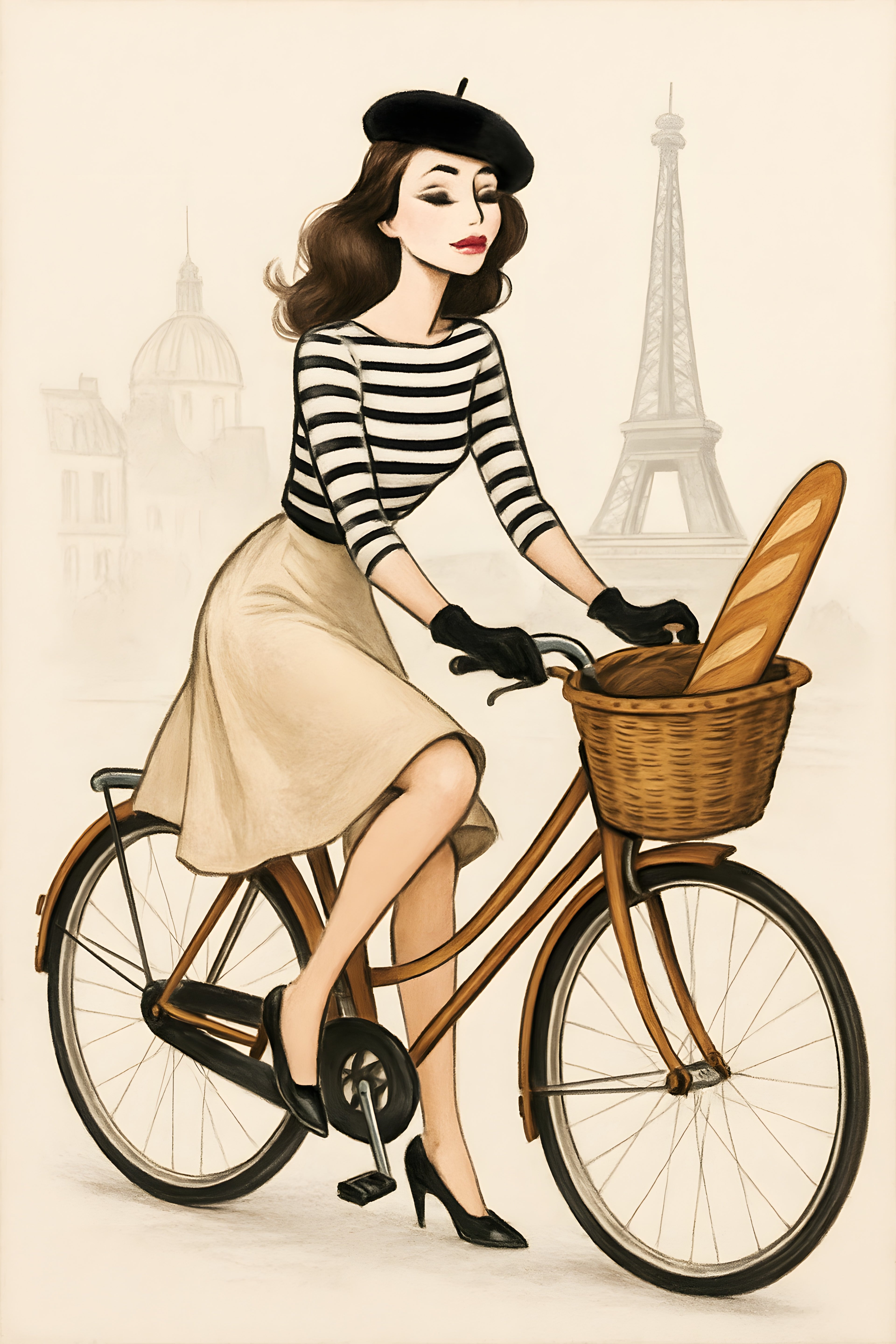 Fashion illustration of woman on bicycle in Paris | Printable Wall Art | Instant Download