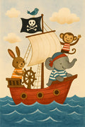 Pirate ship adventure illustration with friendly animals ... | Printable Wall Art | Instant Download