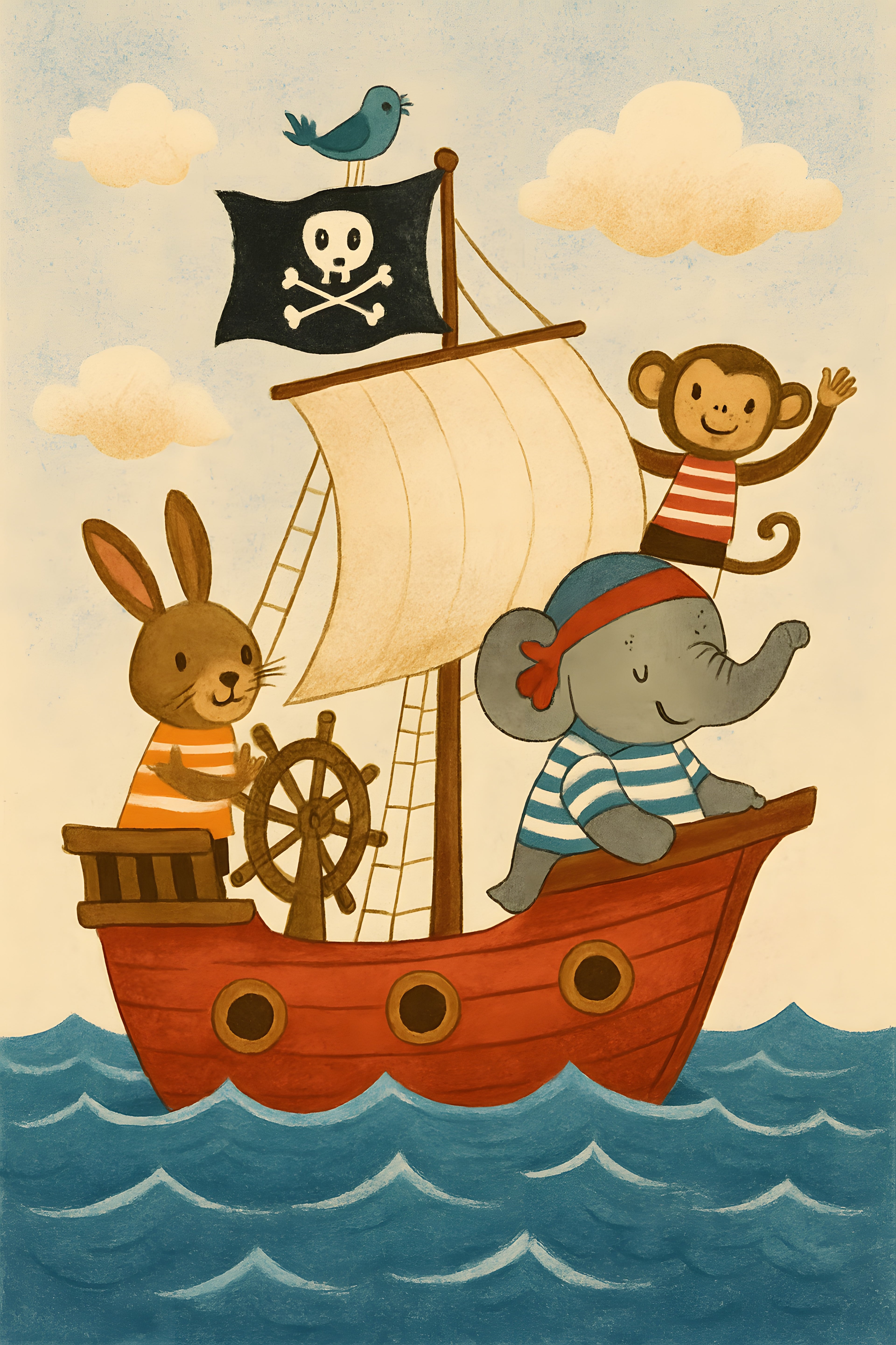 Pirate ship adventure illustration with friendly animals ... | Printable Wall Art | Instant Download
