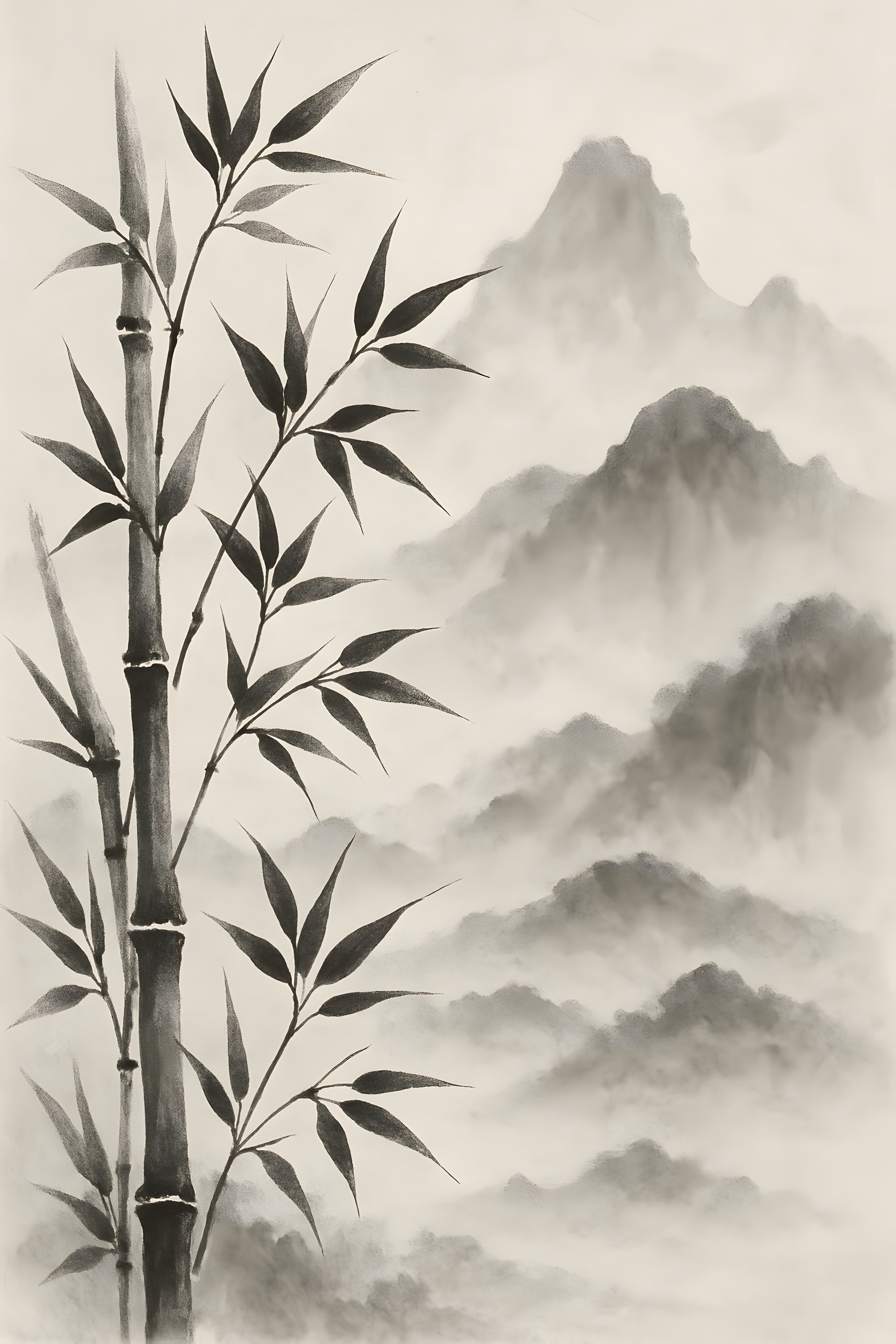 Ink wash painting of bamboo and mountains in traditional ... | Printable Wall Art | Instant Download