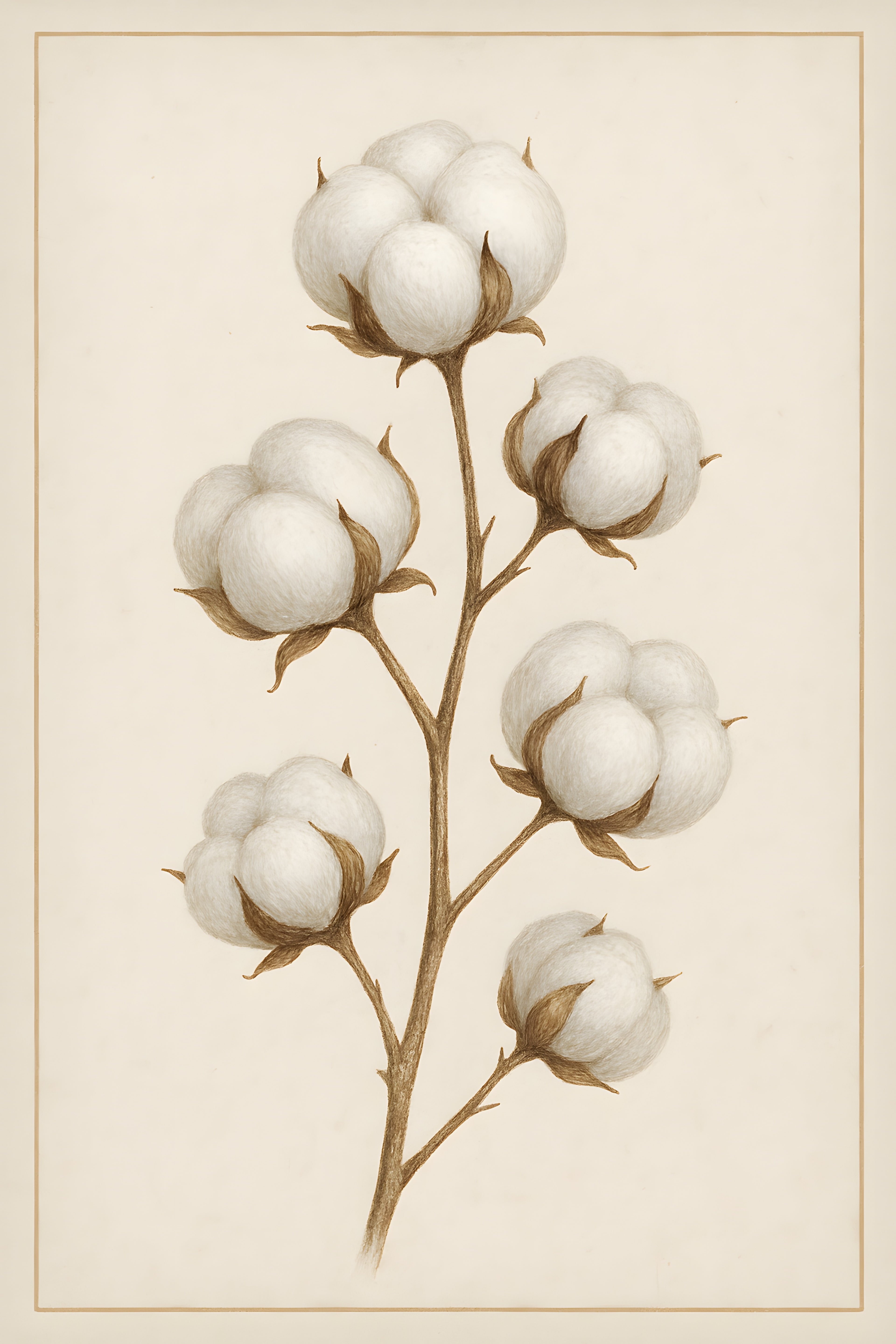 Delicate cotton plant illustration with fluffy white boll... | Printable Wall Art | Instant Download
