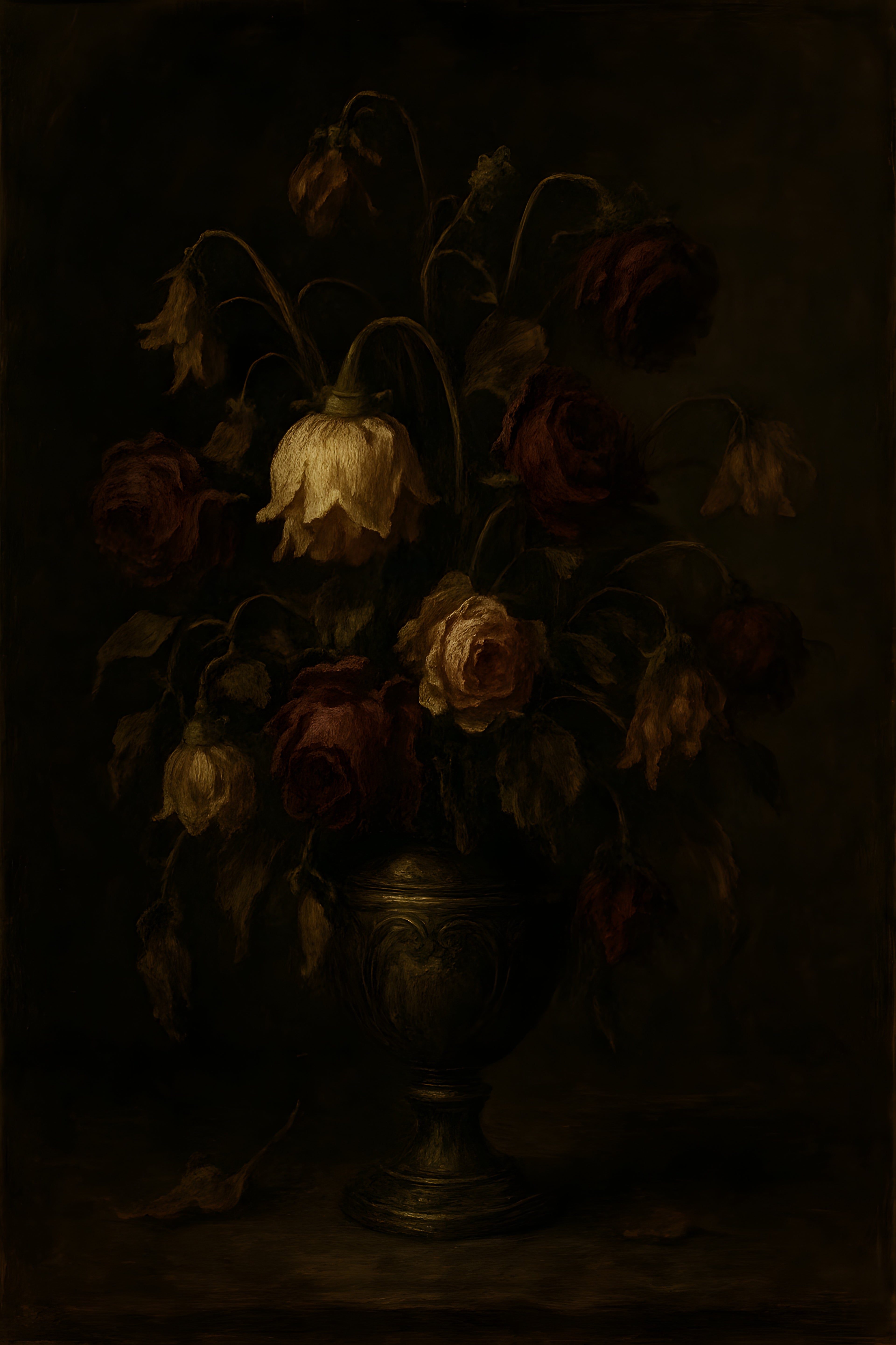 Gothic still life with wilted flowers in ornate vase | Printable Wall Art | Instant Download