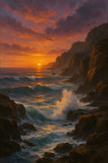 Dramatic rocky coastline with waves crashing at sunset | Printable Wall Art | Instant Download
