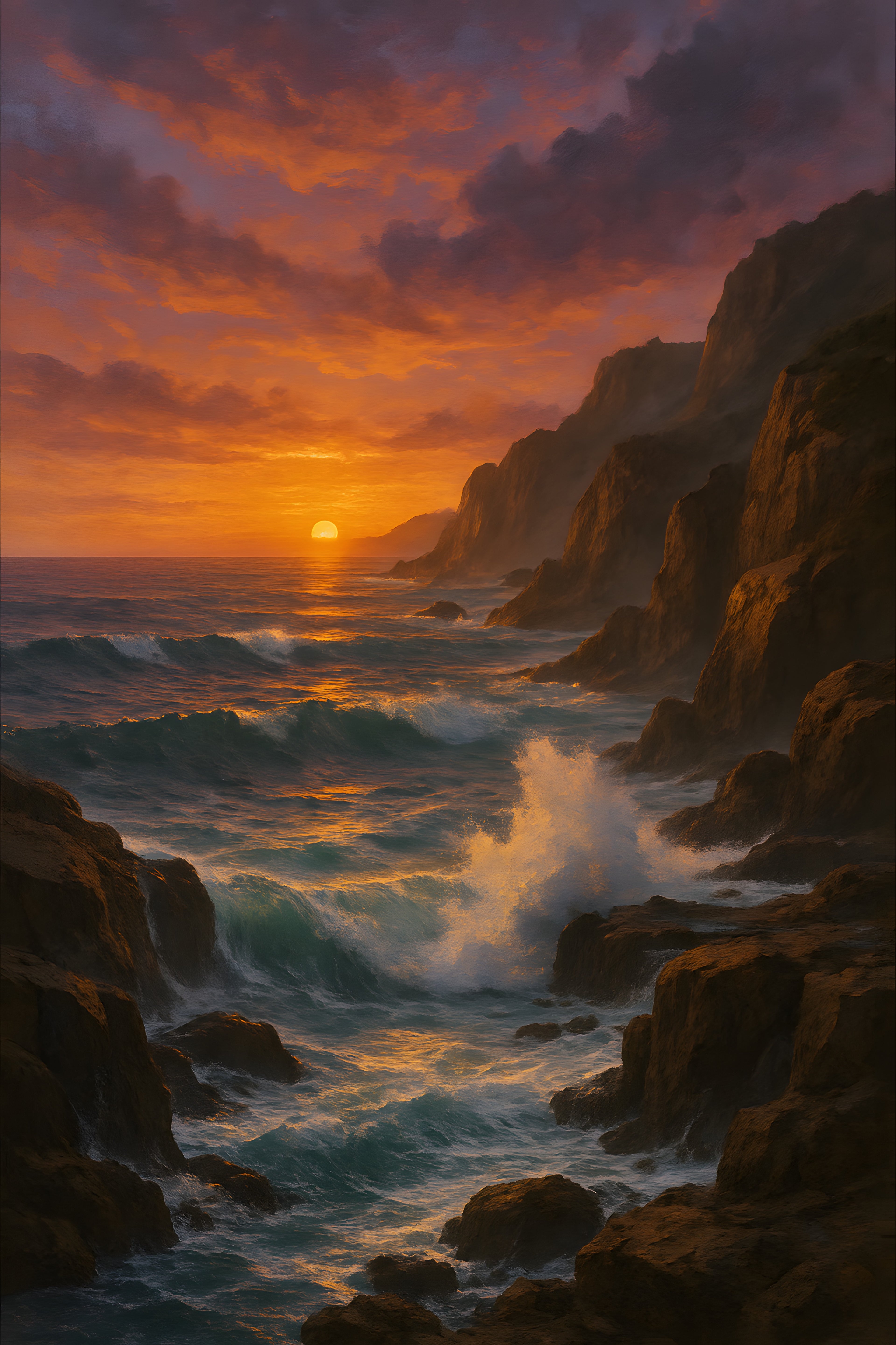 Dramatic rocky coastline with waves crashing at sunset | Printable Wall Art | Instant Download