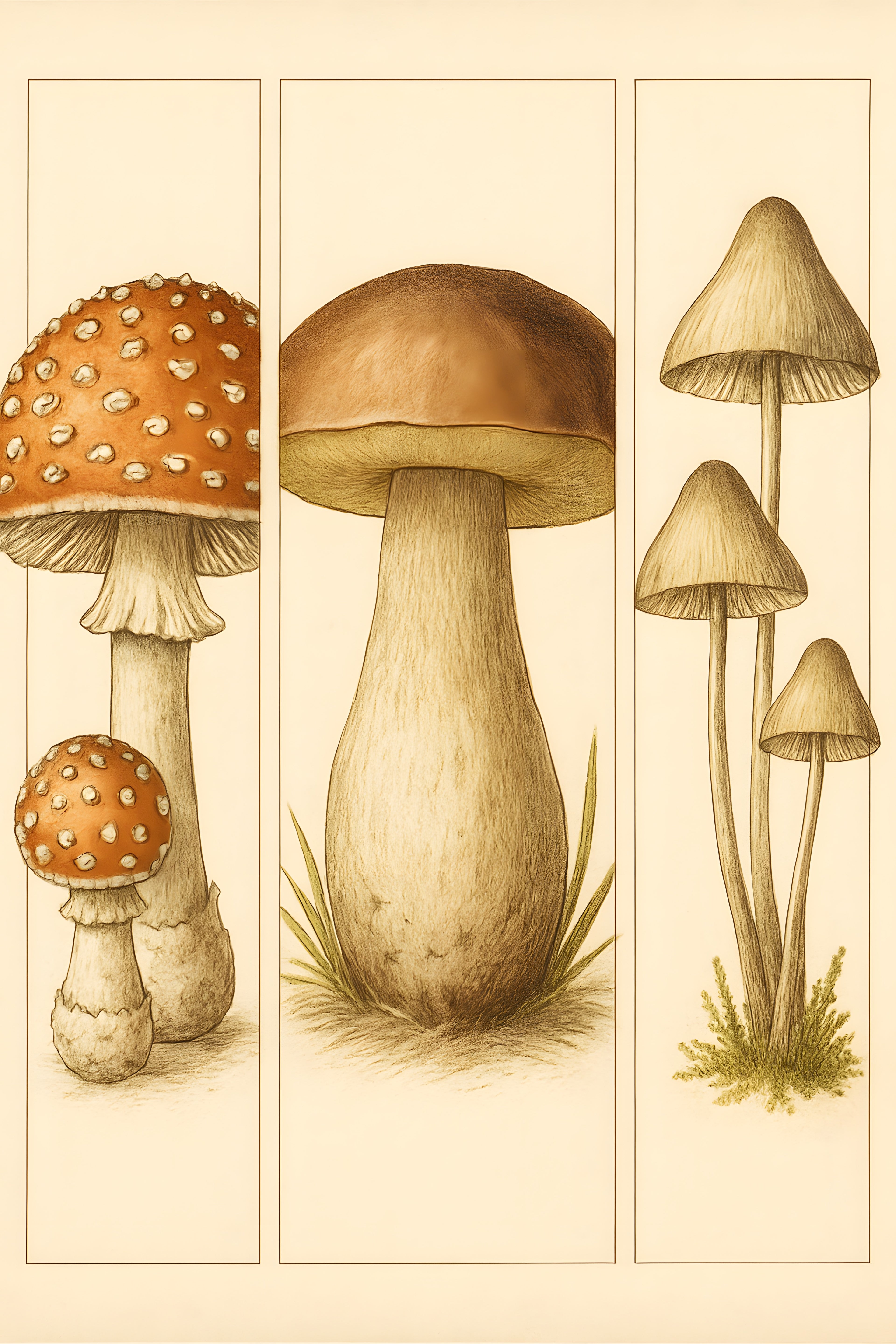 Triptych of vintage botanical mushroom illustrations: thr... | Printable Wall Art | Instant Download