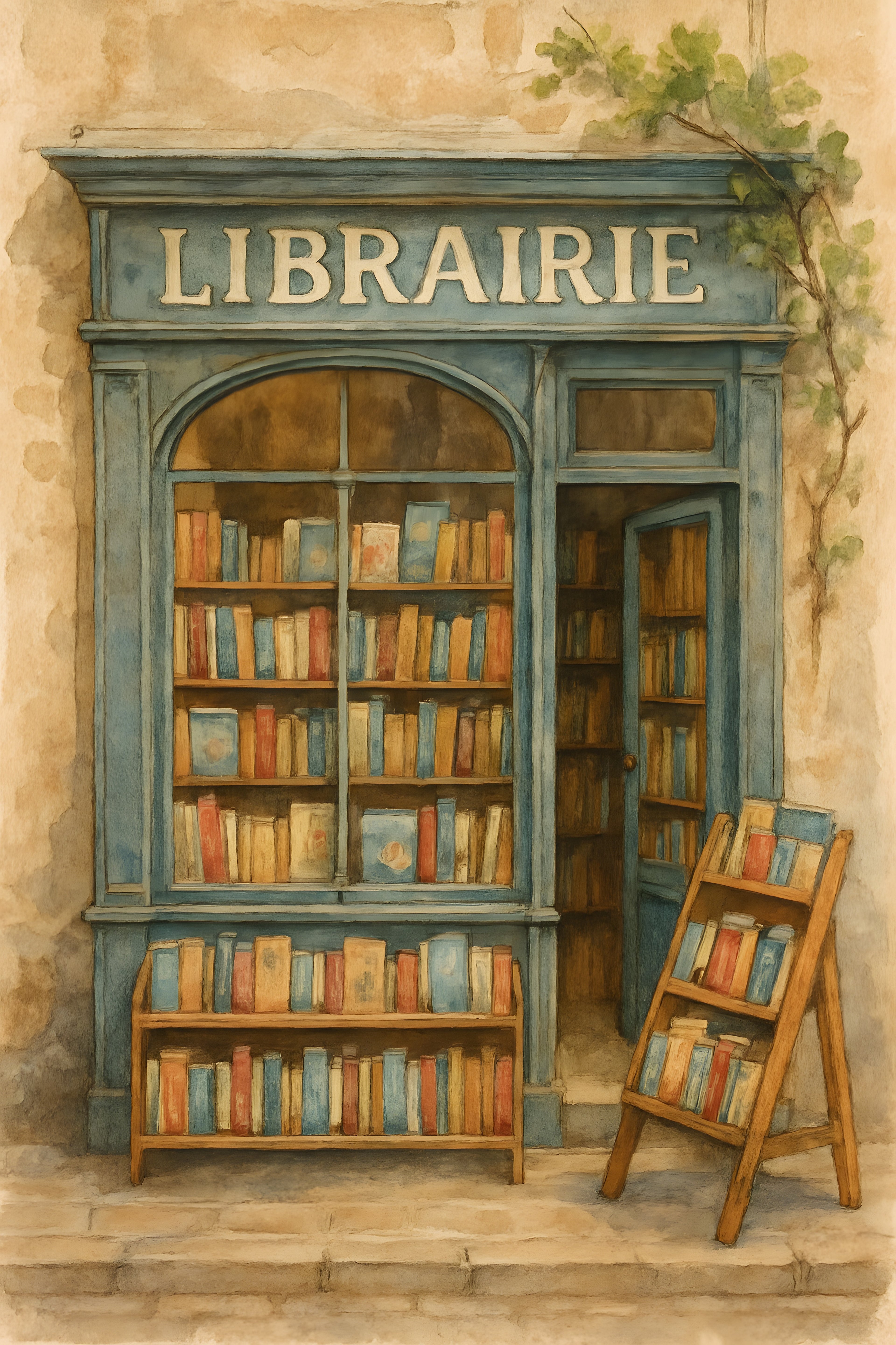 Cozy European bookshop storefront with window display | Printable Wall Art | Instant Download