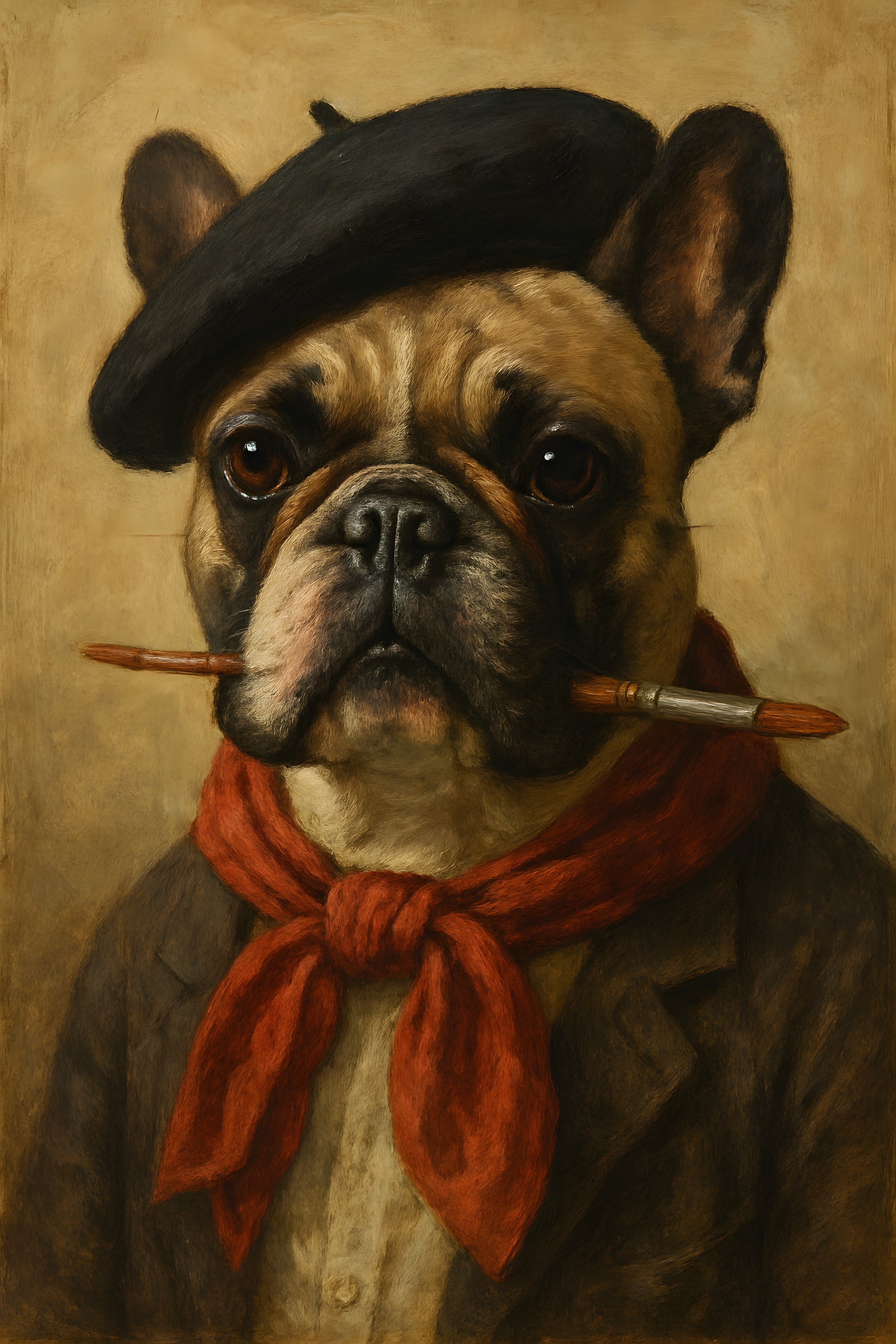 Bulldog wearing beret and holding paintbrush | Printable Wall Art | Instant Download