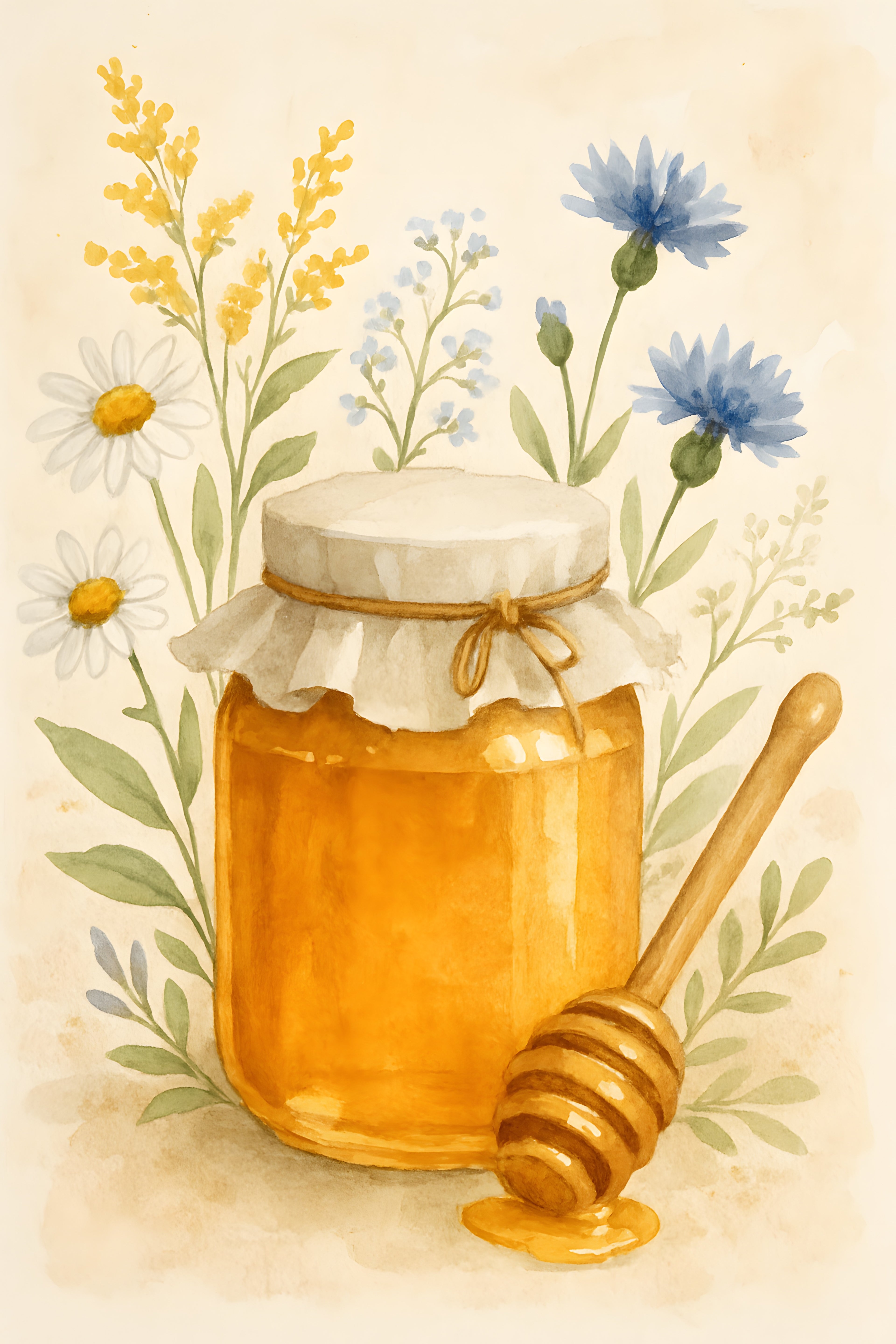 Watercolor honey jar with dipper and wildflowers | Printable Wall Art | Instant Download