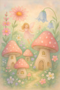 Enchanted fairy garden with tiny mushroom houses and flowers | Printable Wall Art | Instant Download