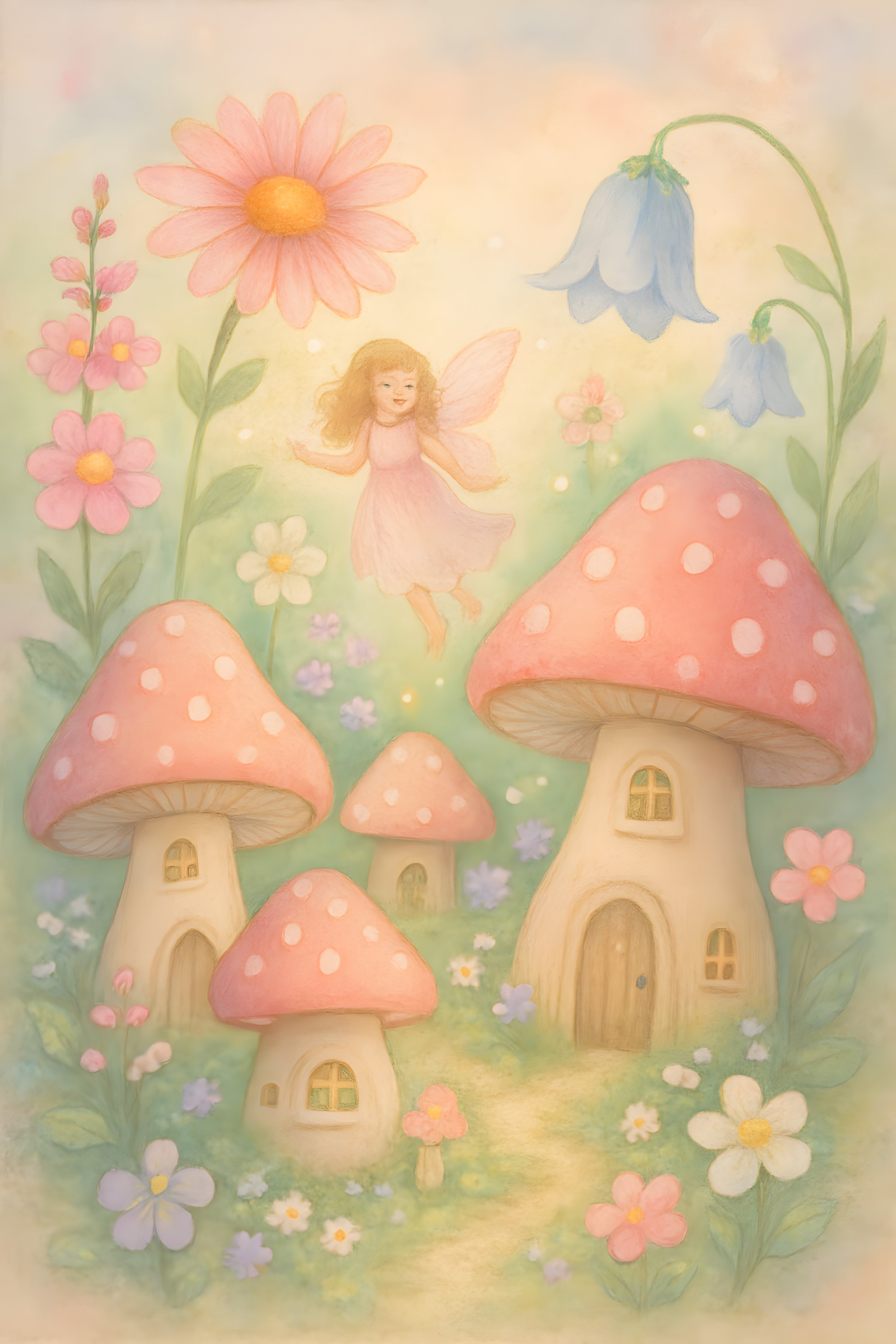Enchanted fairy garden with tiny mushroom houses and flowers | Printable Wall Art | Instant Download
