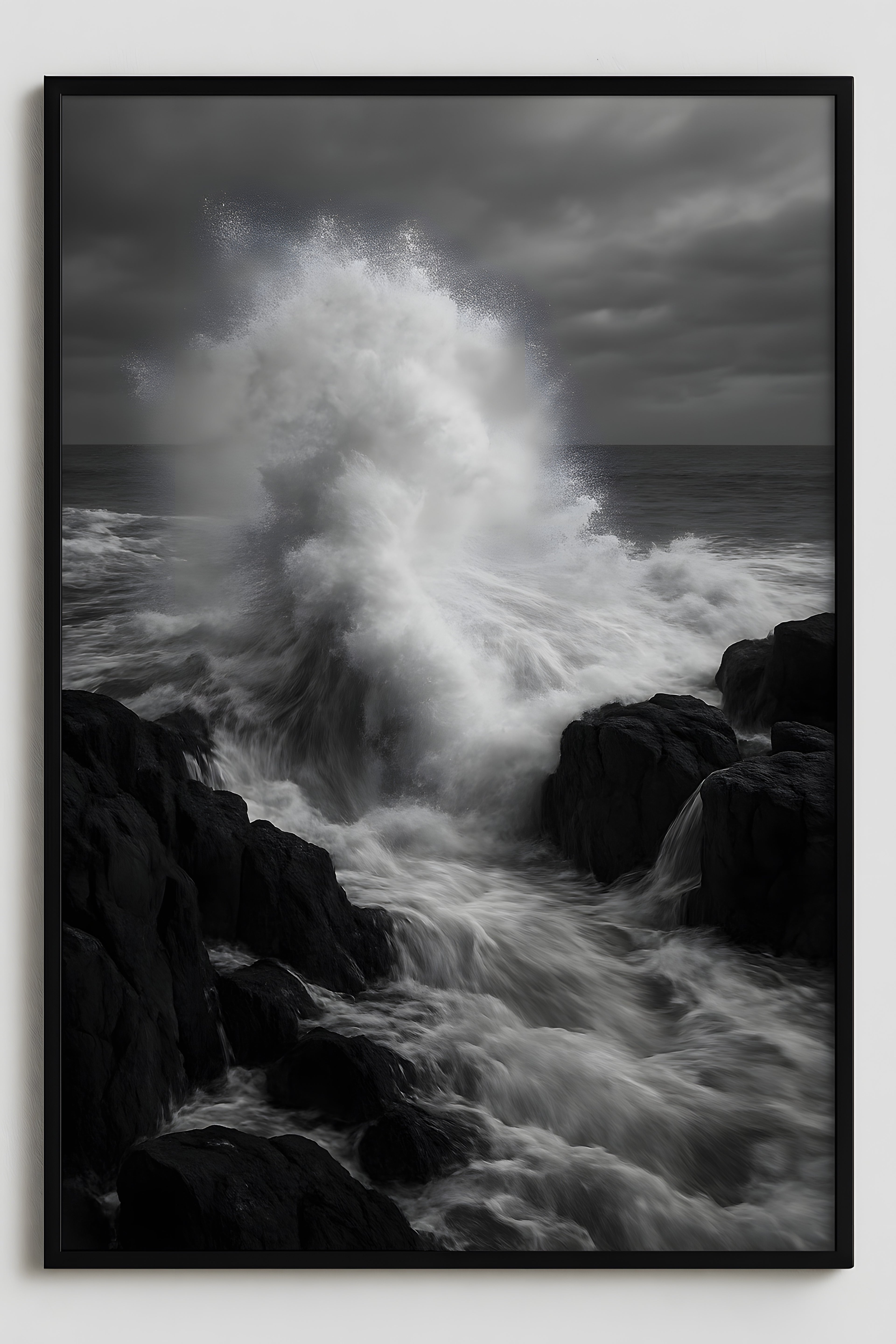 Dramatic black and white wave crashing on rocks | Printable Wall Art | Instant Download