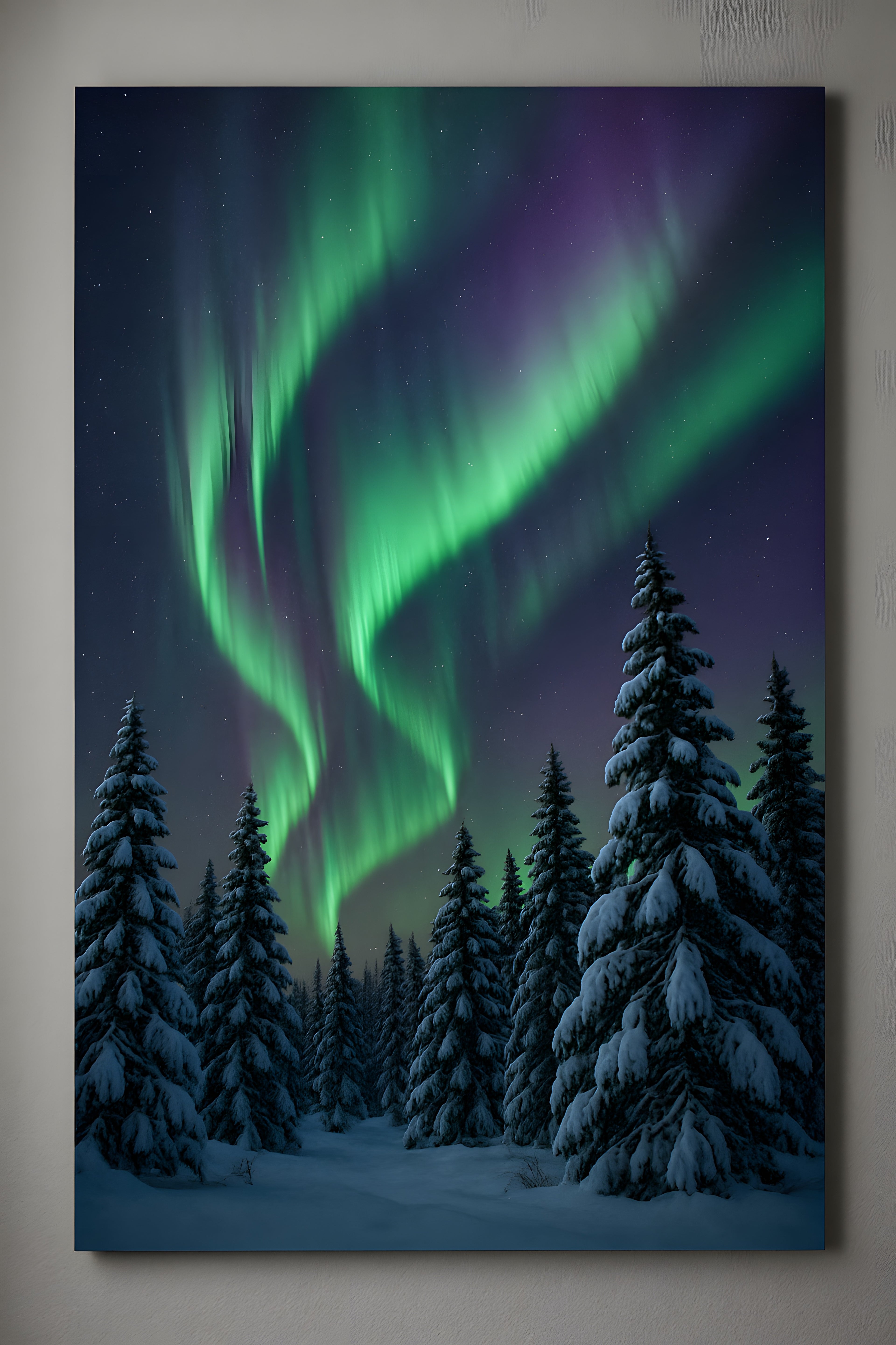 Northern lights aurora borealis over snowy pine forest | Printable Wall Art | Instant Download