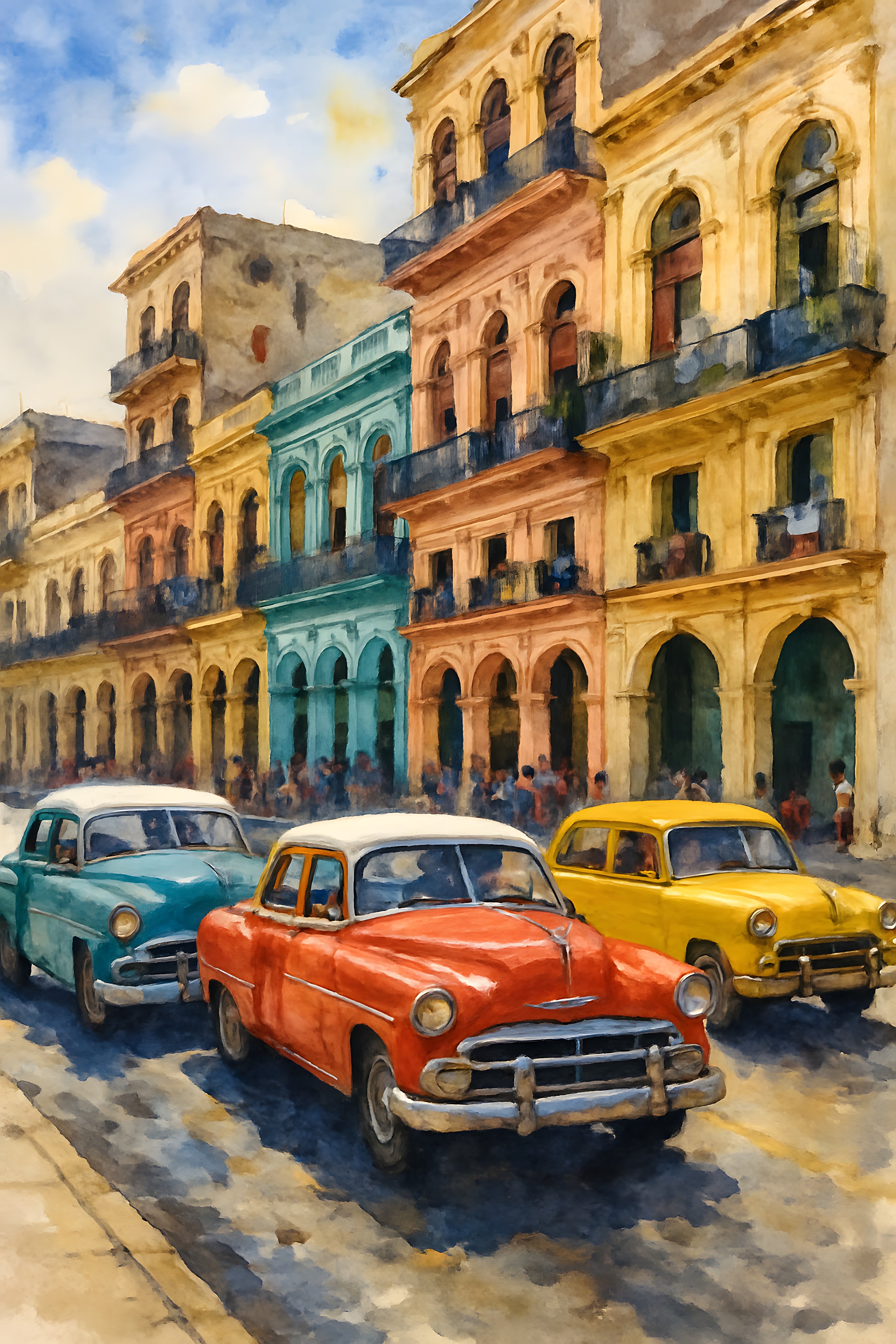 Watercolor of Havana street with colorful vintage cars an... | Printable Wall Art | Instant Download