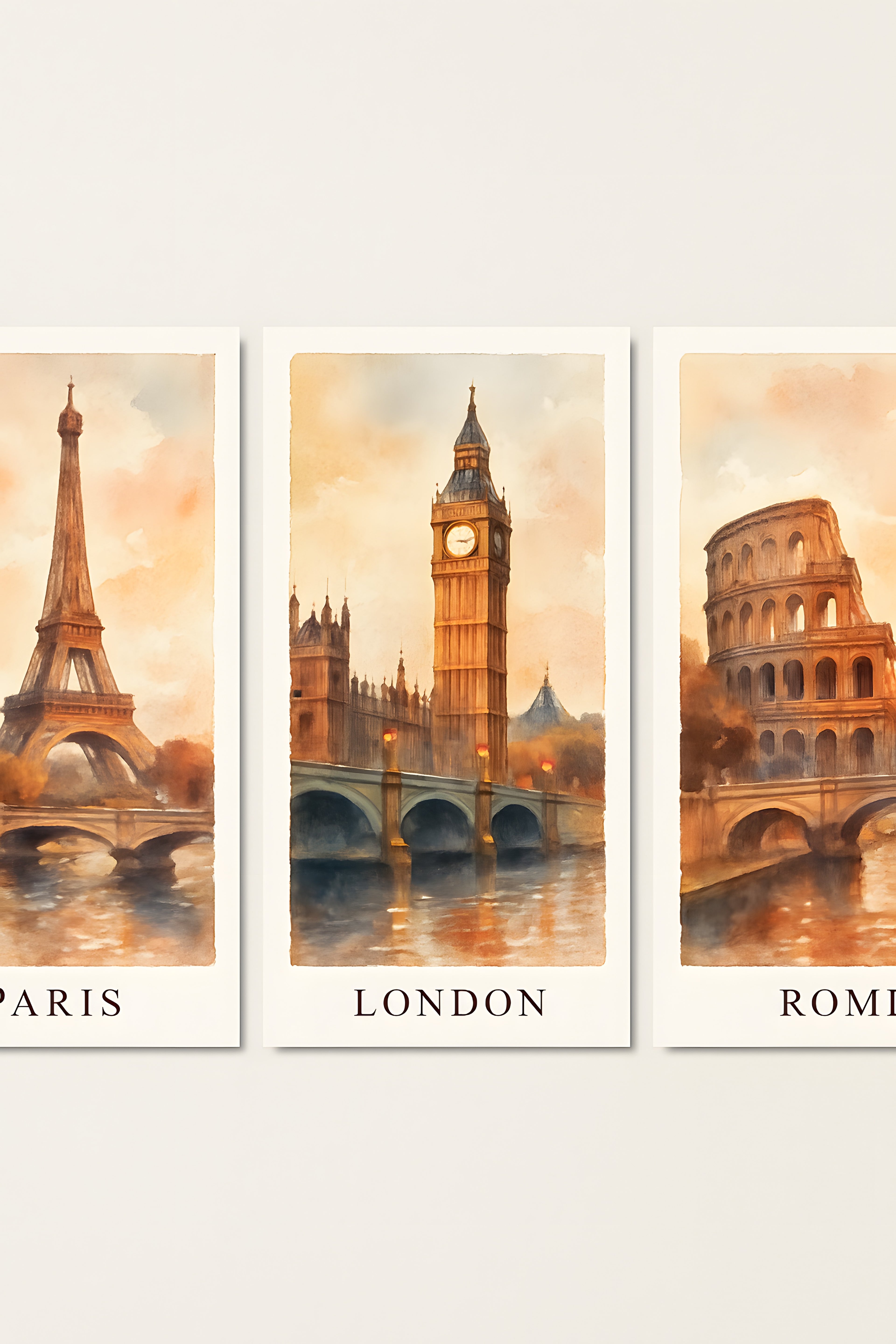 Set of three watercolor cityscapes: Paris | Printable Wall Art | Instant Download