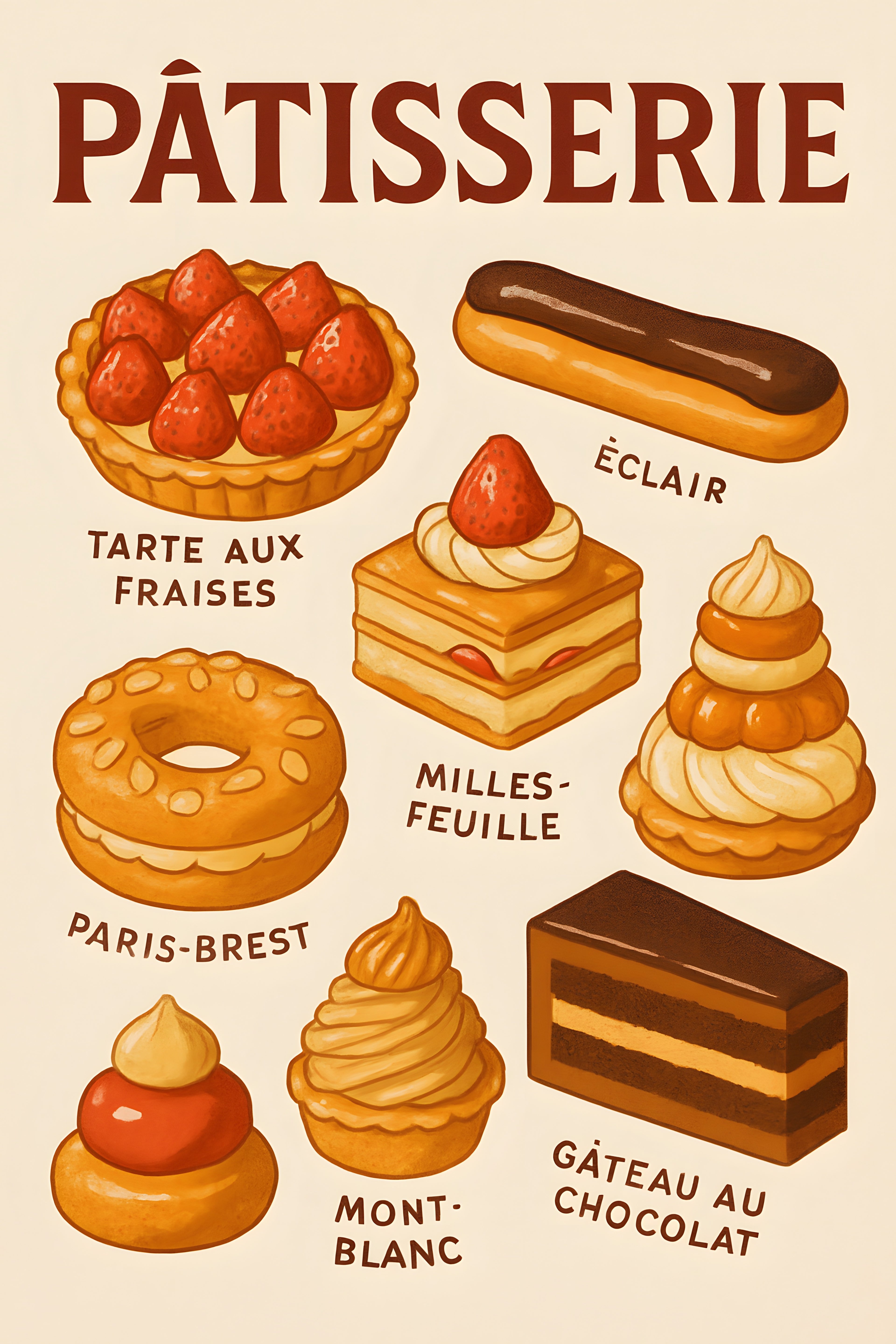 Retro French patisserie poster with illustrated pastries ... | Printable Wall Art | Instant Download