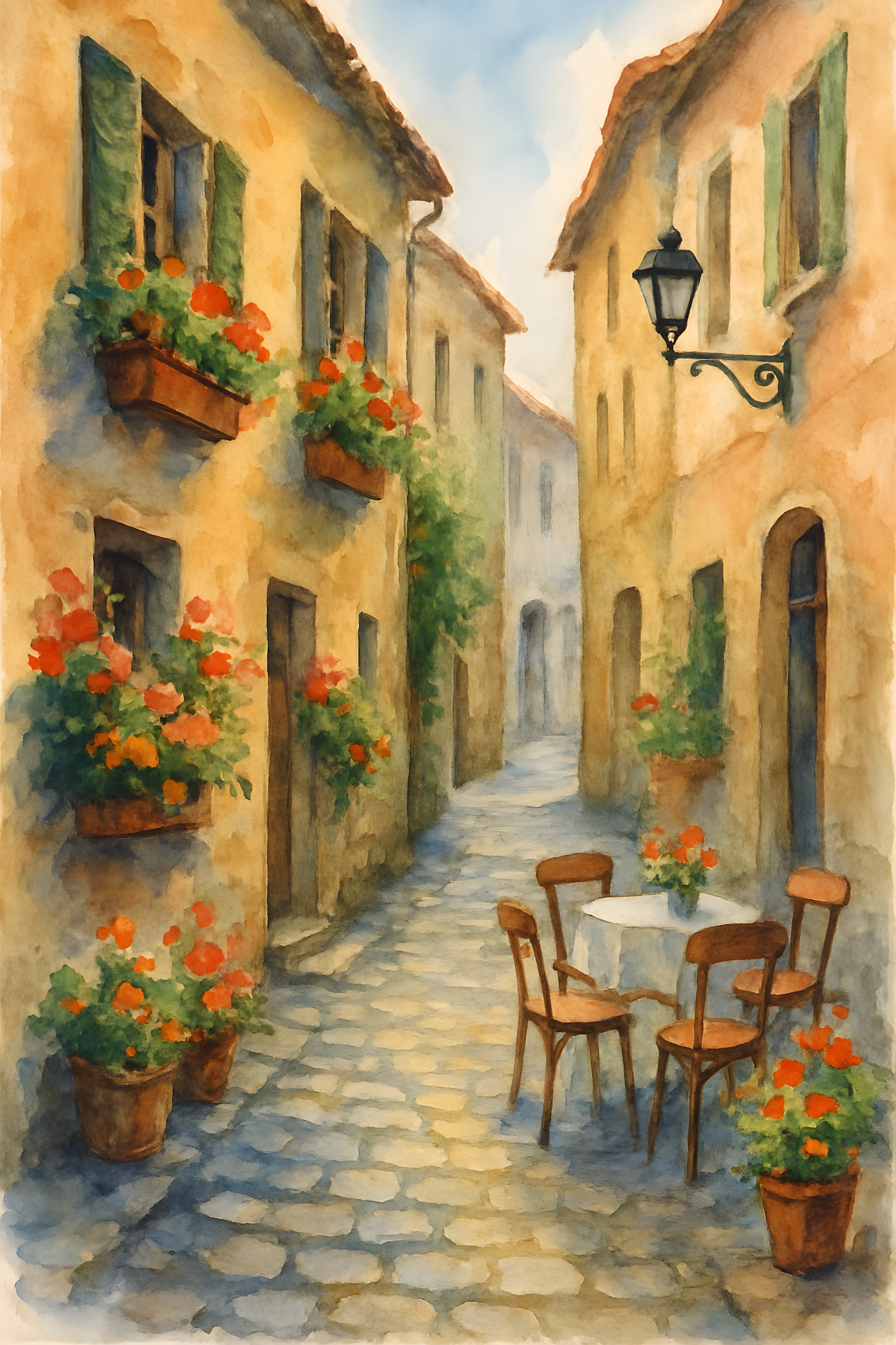 Watercolor of a cobblestone European alley with flower bo... | Printable Wall Art | Instant Download