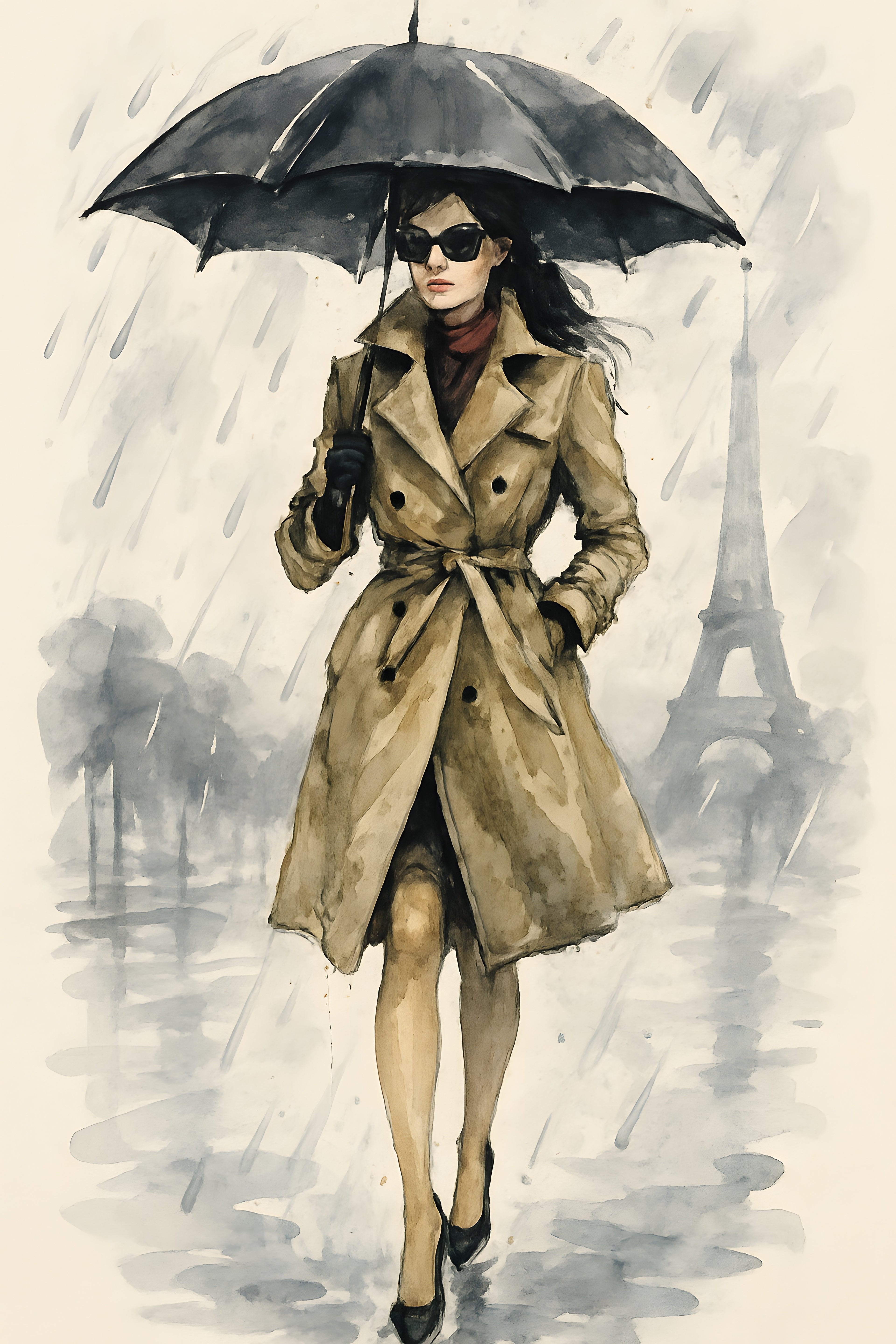 Fashion illustration of woman in trench coat walking in rain | Printable Wall Art | Instant Download