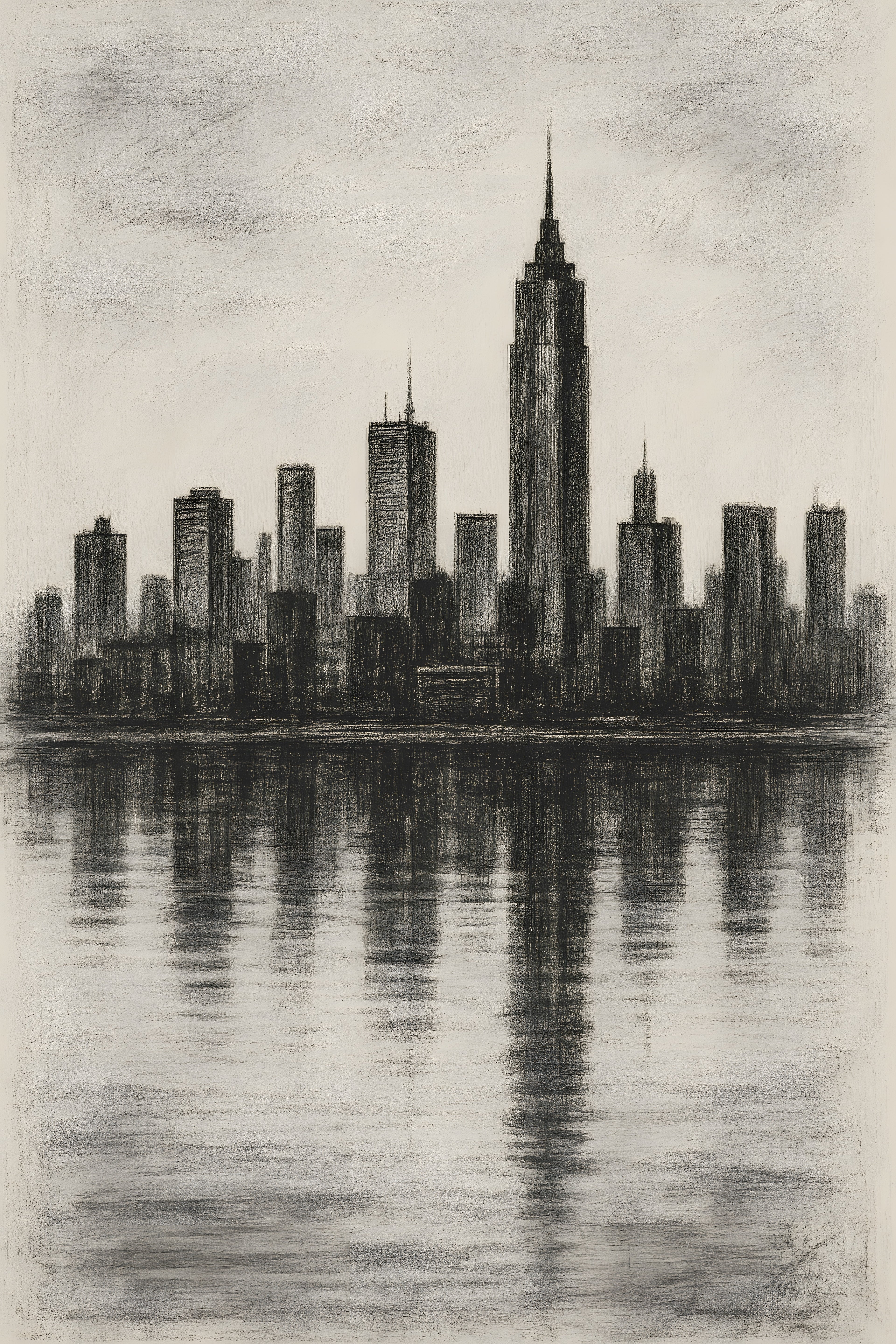 Charcoal drawing of a city skyline reflected in water | Printable Wall Art | Instant Download
