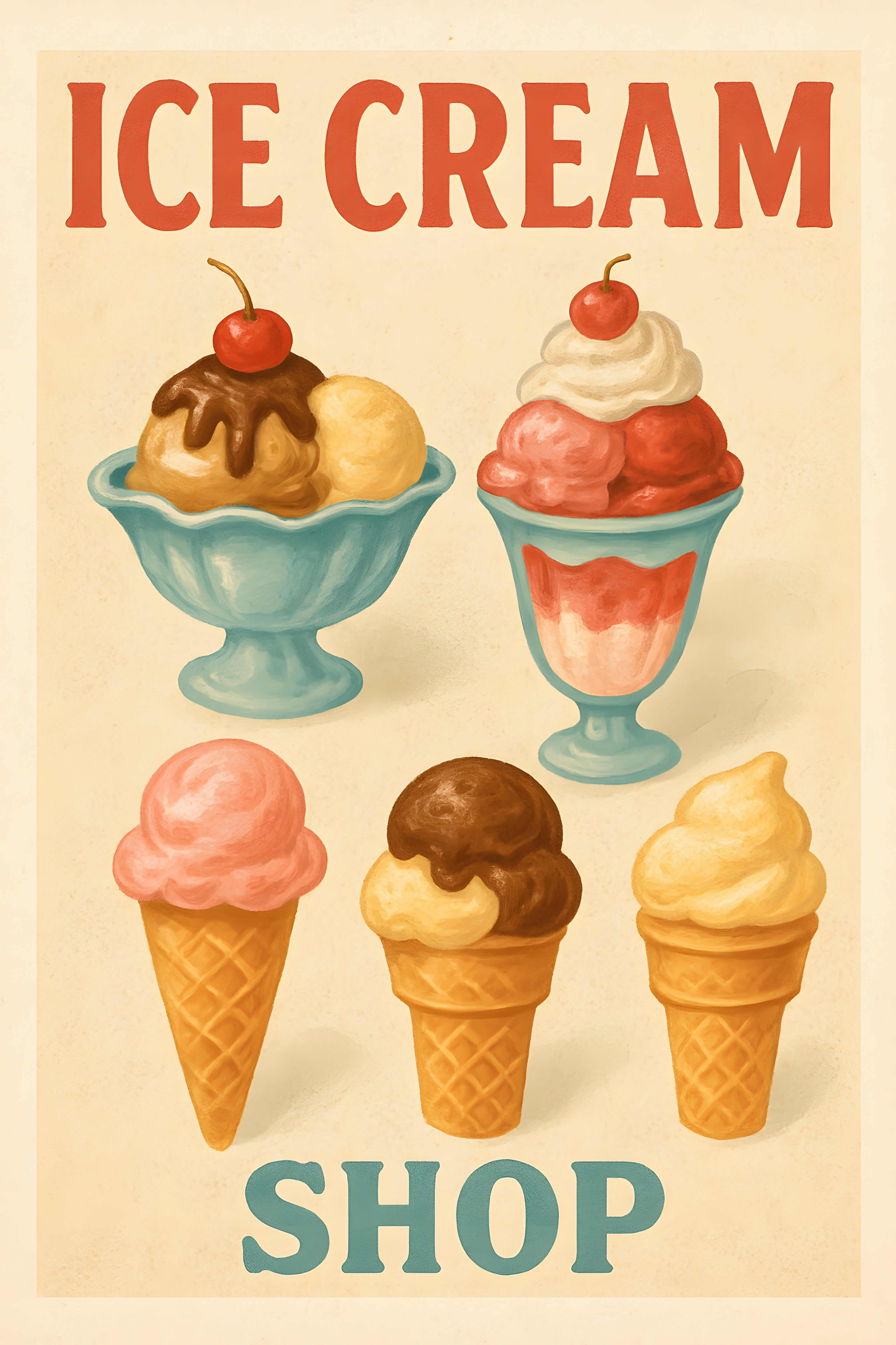 Vintage ice cream shop poster with illustrated sundaes an... | Printable Wall Art | Instant Download