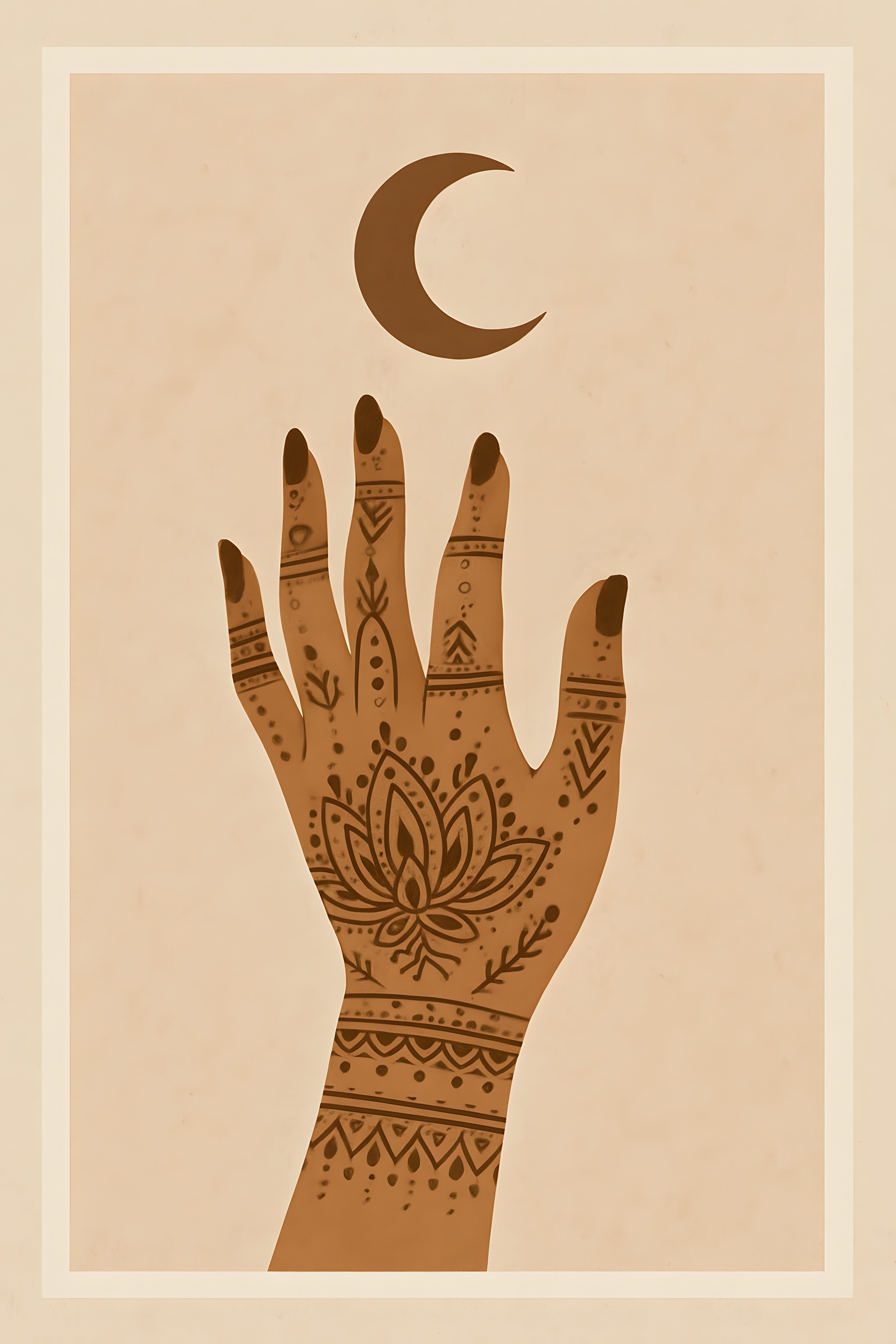 Boho hand illustration with henna patterns and crescent moon | Printable Wall Art | Instant Download
