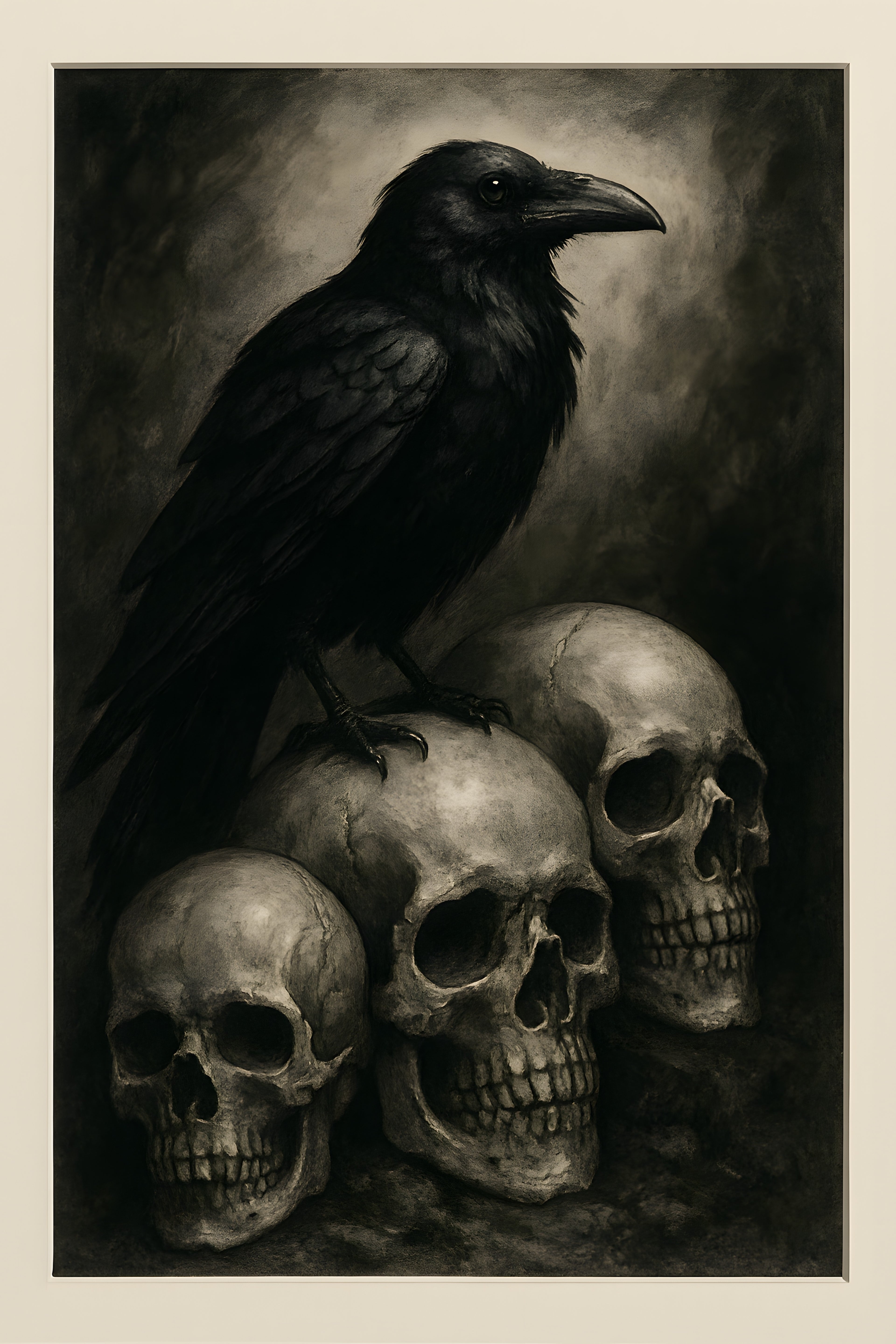 Dramatic portrait of a raven perched on skulls | Printable Wall Art | Instant Download