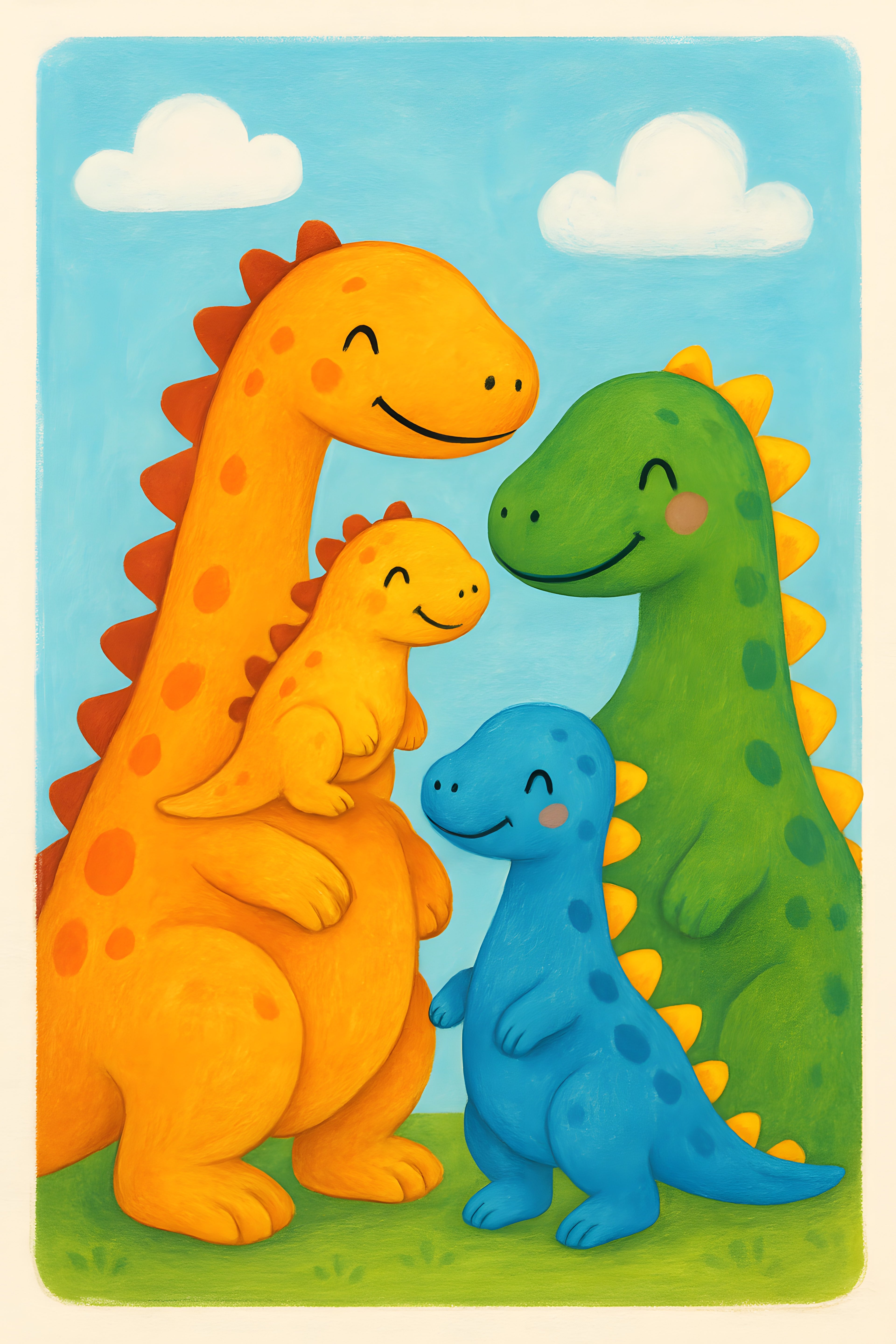 Friendly dinosaur family illustration in bright cheerful ... | Printable Wall Art | Instant Download