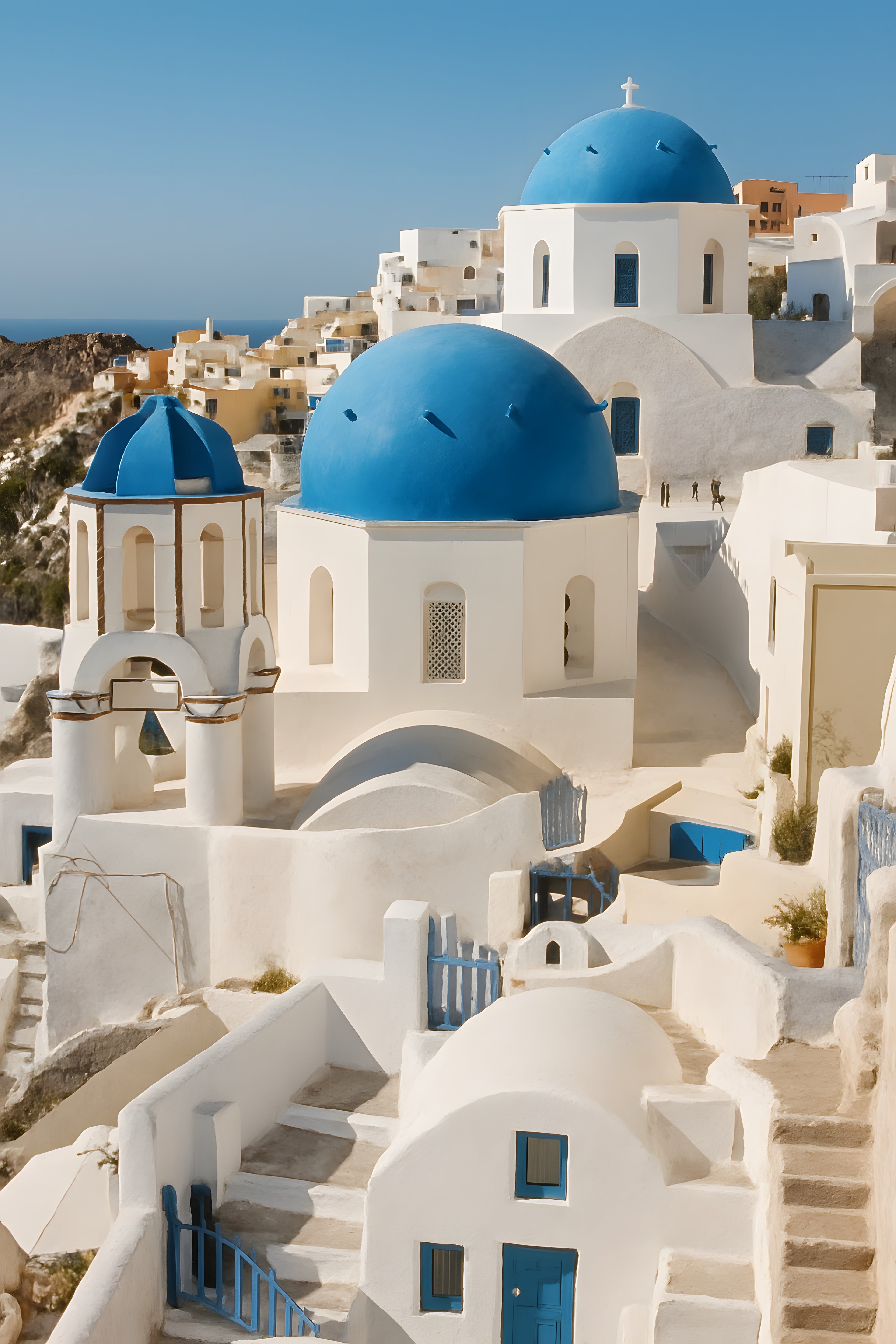 Santorini white and blue buildings cascading down cliff | Printable Wall Art | Instant Download