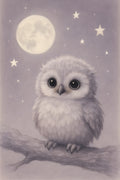 Sweet baby owl sitting on branch under moon and stars | Printable Wall Art | Instant Download