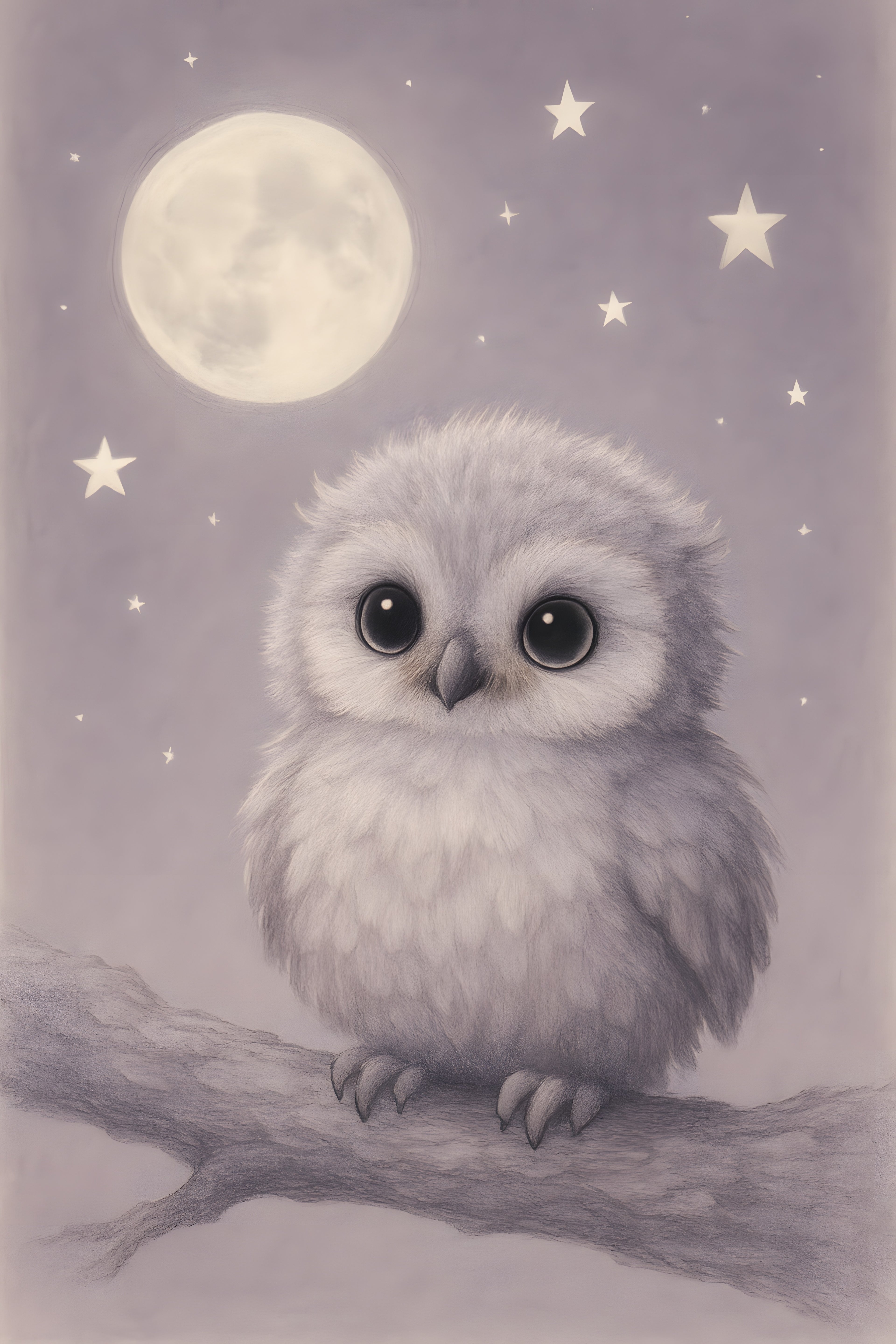 Sweet baby owl sitting on branch under moon and stars | Printable Wall Art | Instant Download