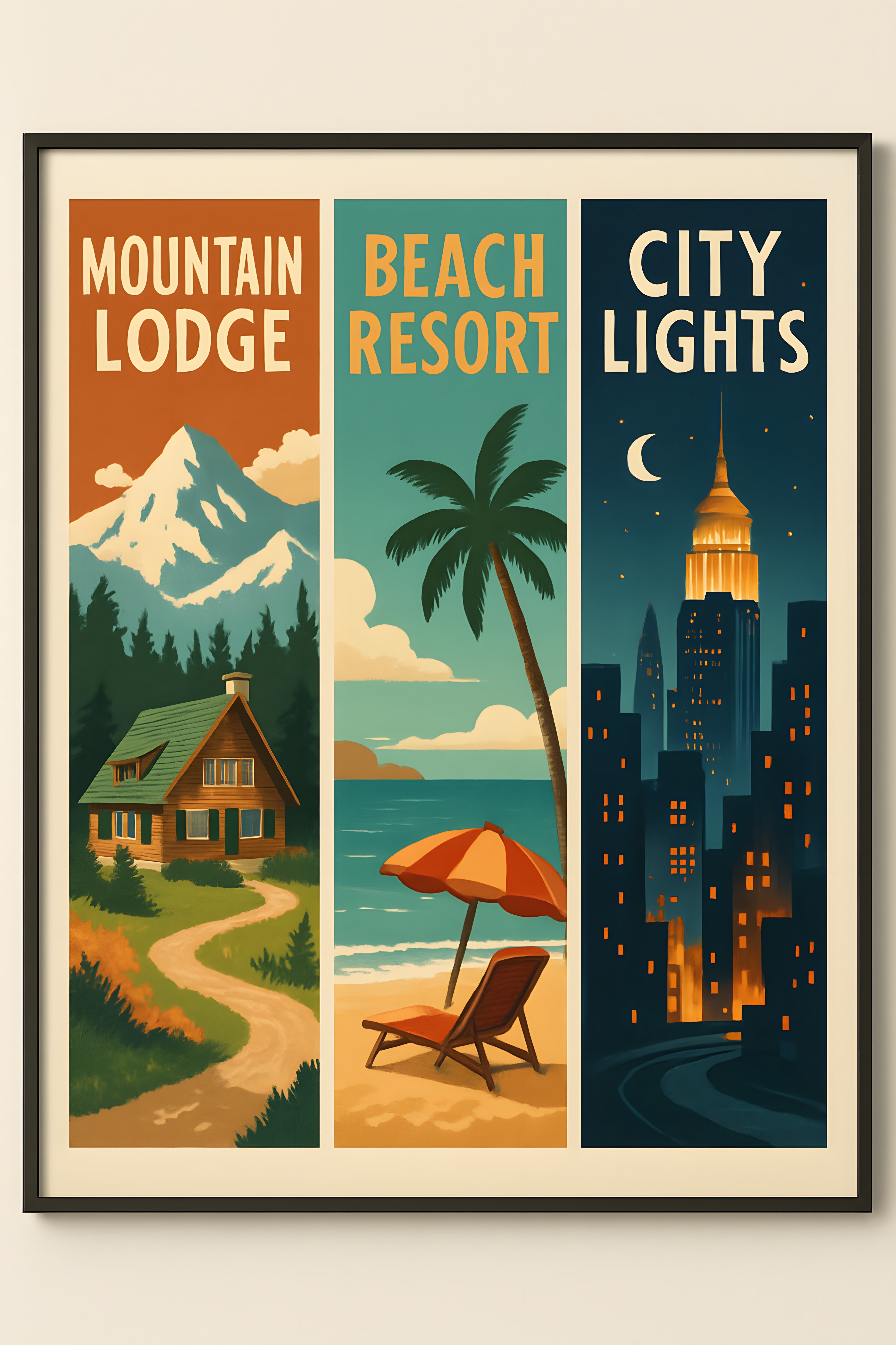 Triptych of vintage travel posters: mountain lodge | Printable Wall Art | Instant Download
