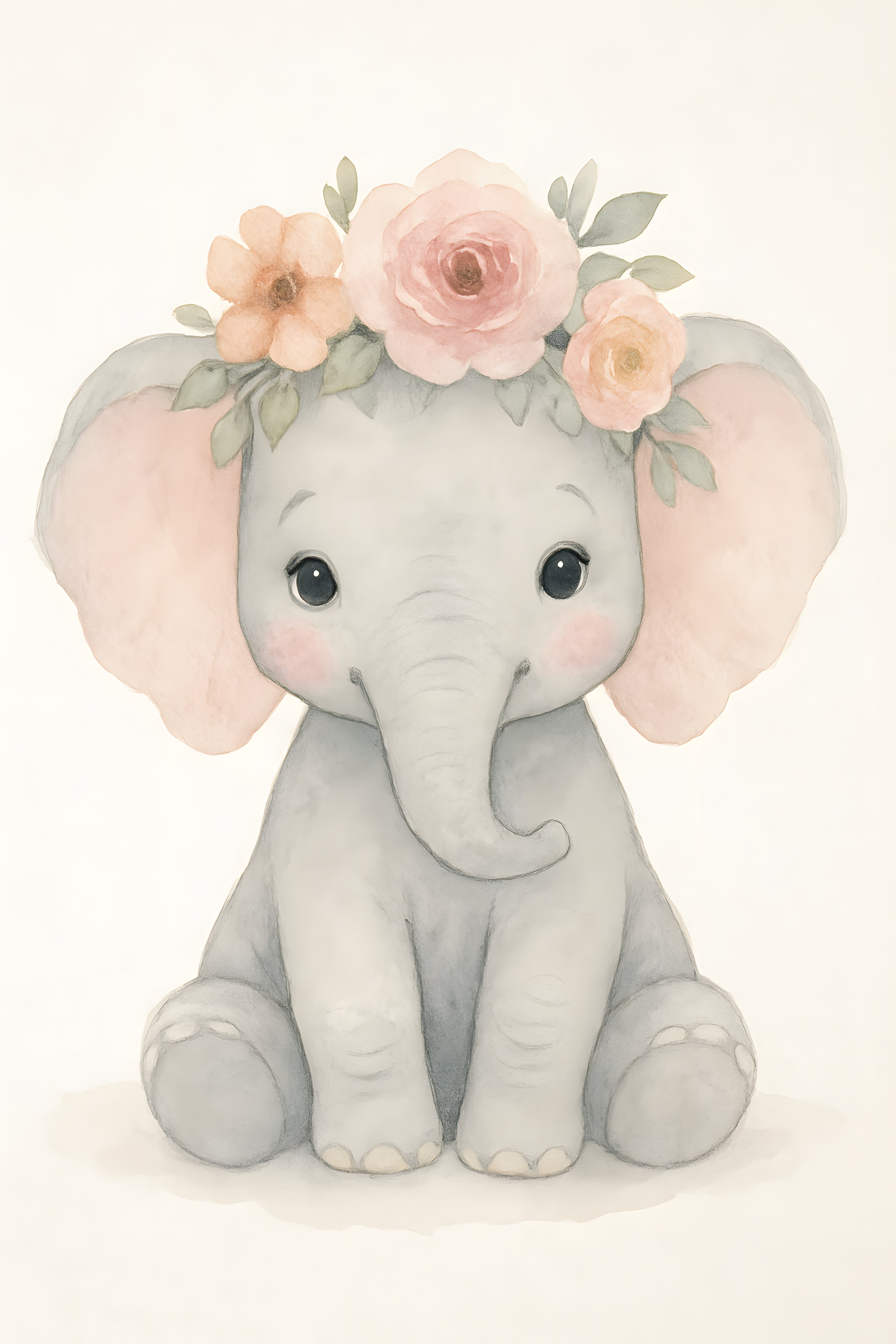 Cute watercolor baby elephant with flower crown | Printable Wall Art | Instant Download