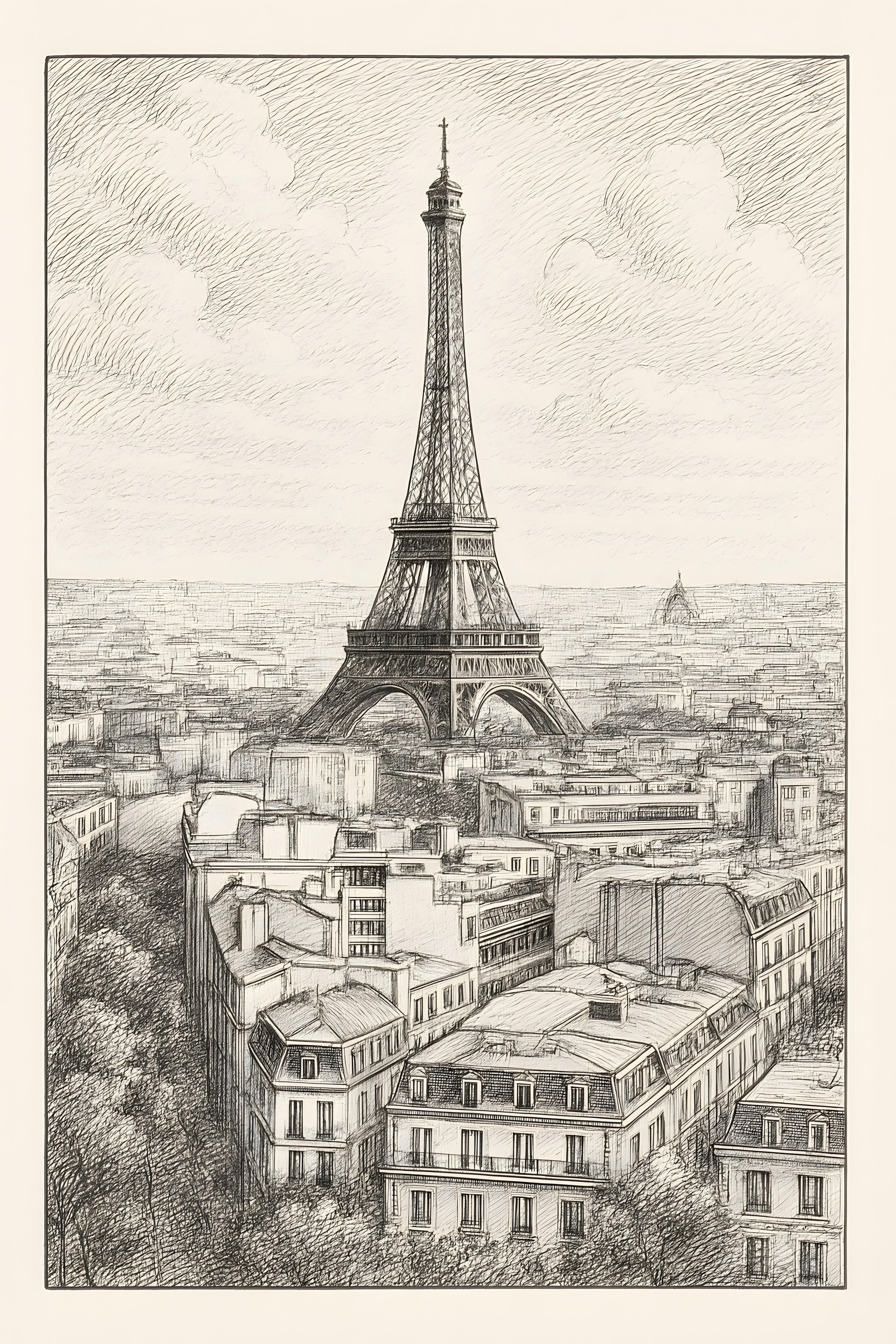 Line art cityscape of Paris with Eiffel Tower | Printable Wall Art | Instant Download