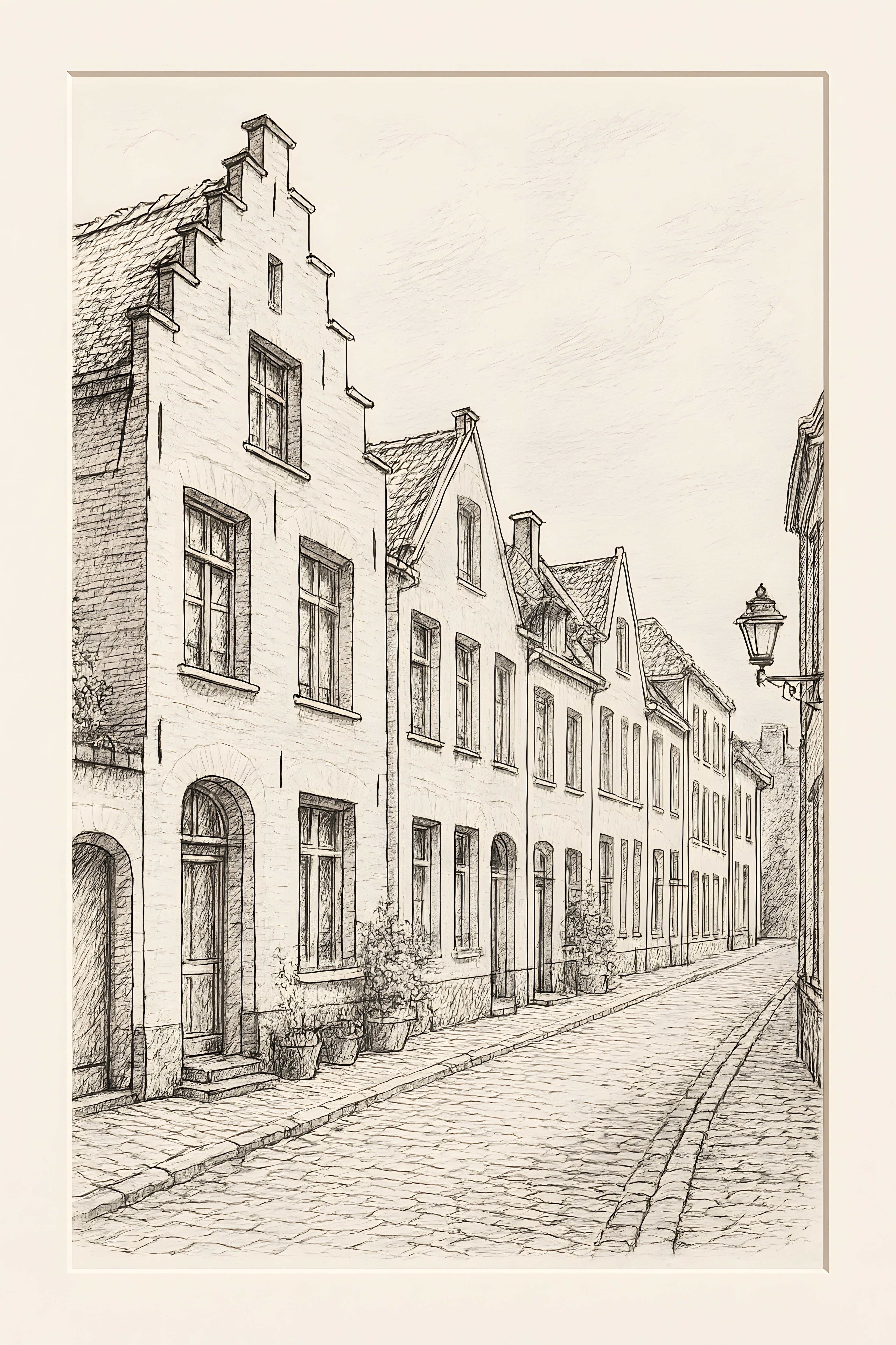 Architectural line sketch of a European townhouse street | Printable Wall Art | Instant Download