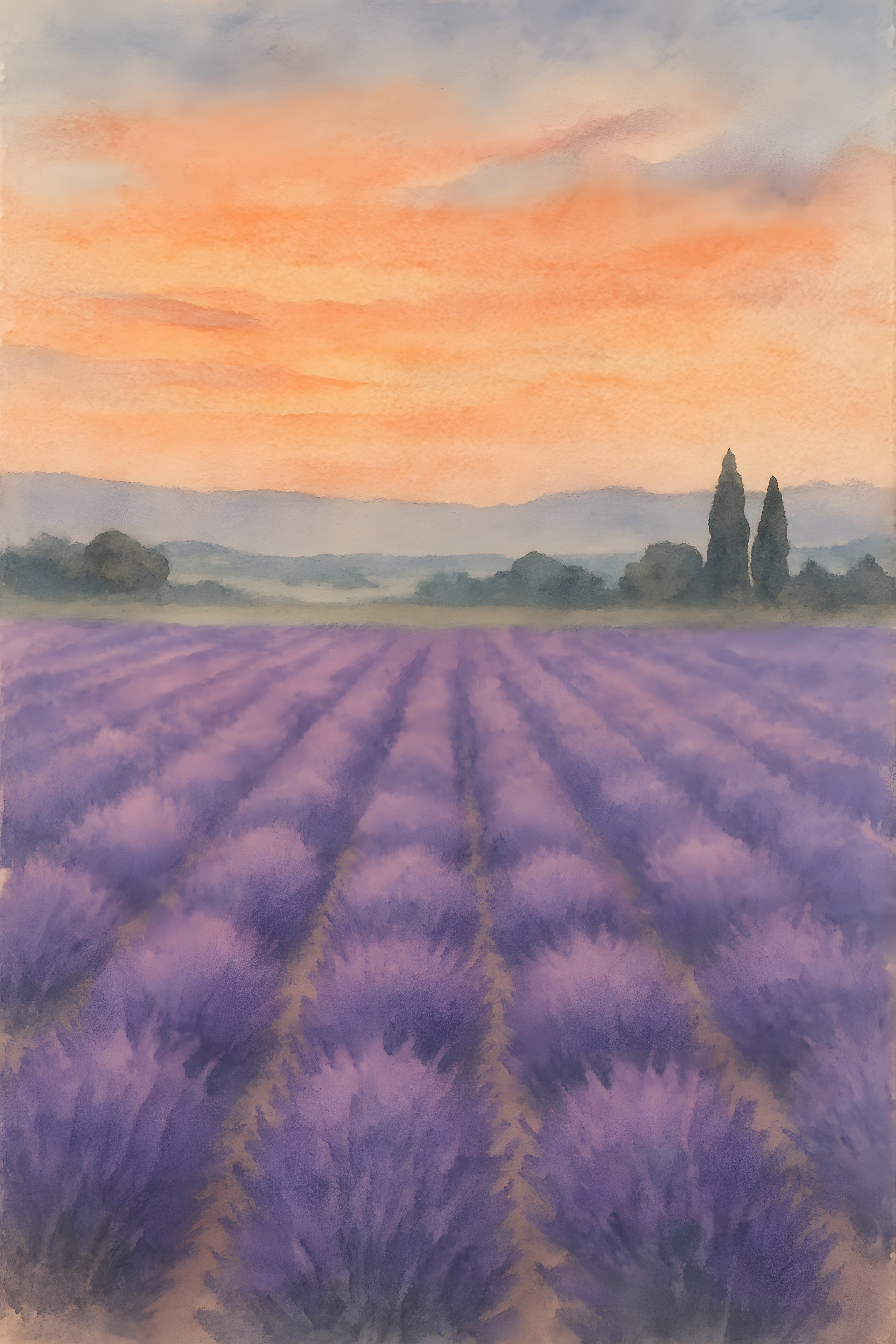 Soft watercolor sunset over lavender field | Printable Wall Art | Instant Download