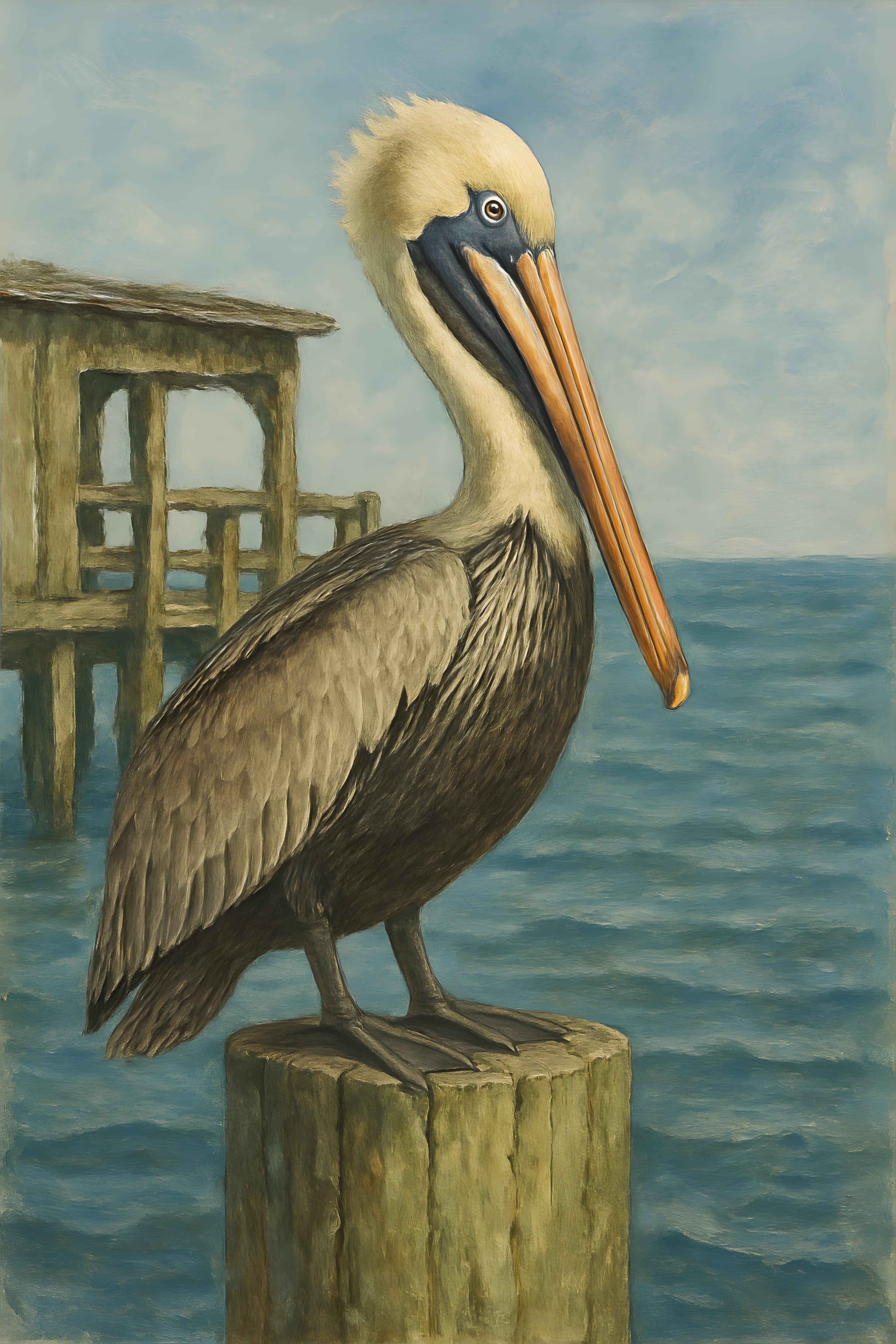 Pelican perched on wooden dock post | Printable Wall Art | Instant Download