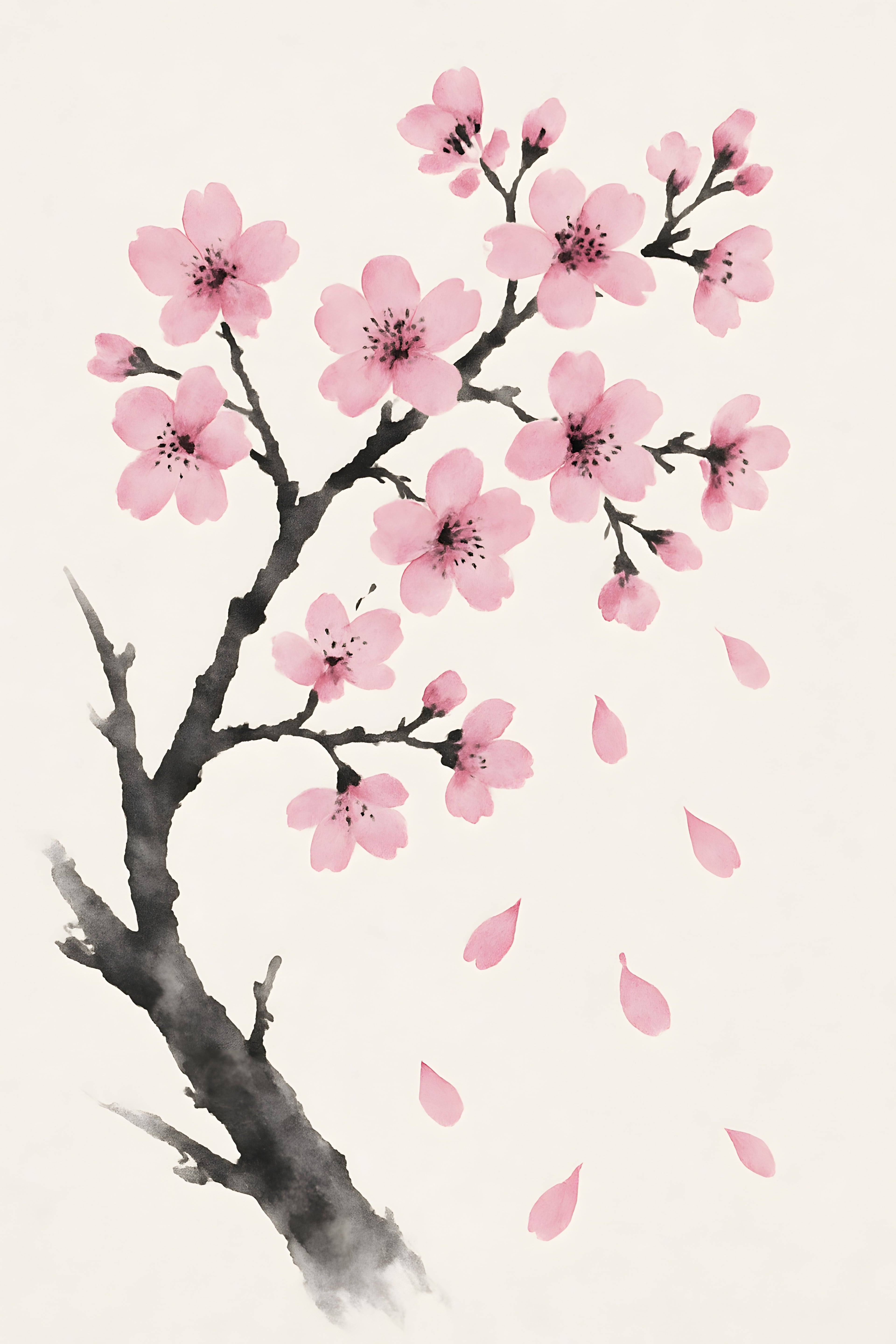 Japanese-inspired botanical illustration of cherry blosso... | Printable Wall Art | Instant Download