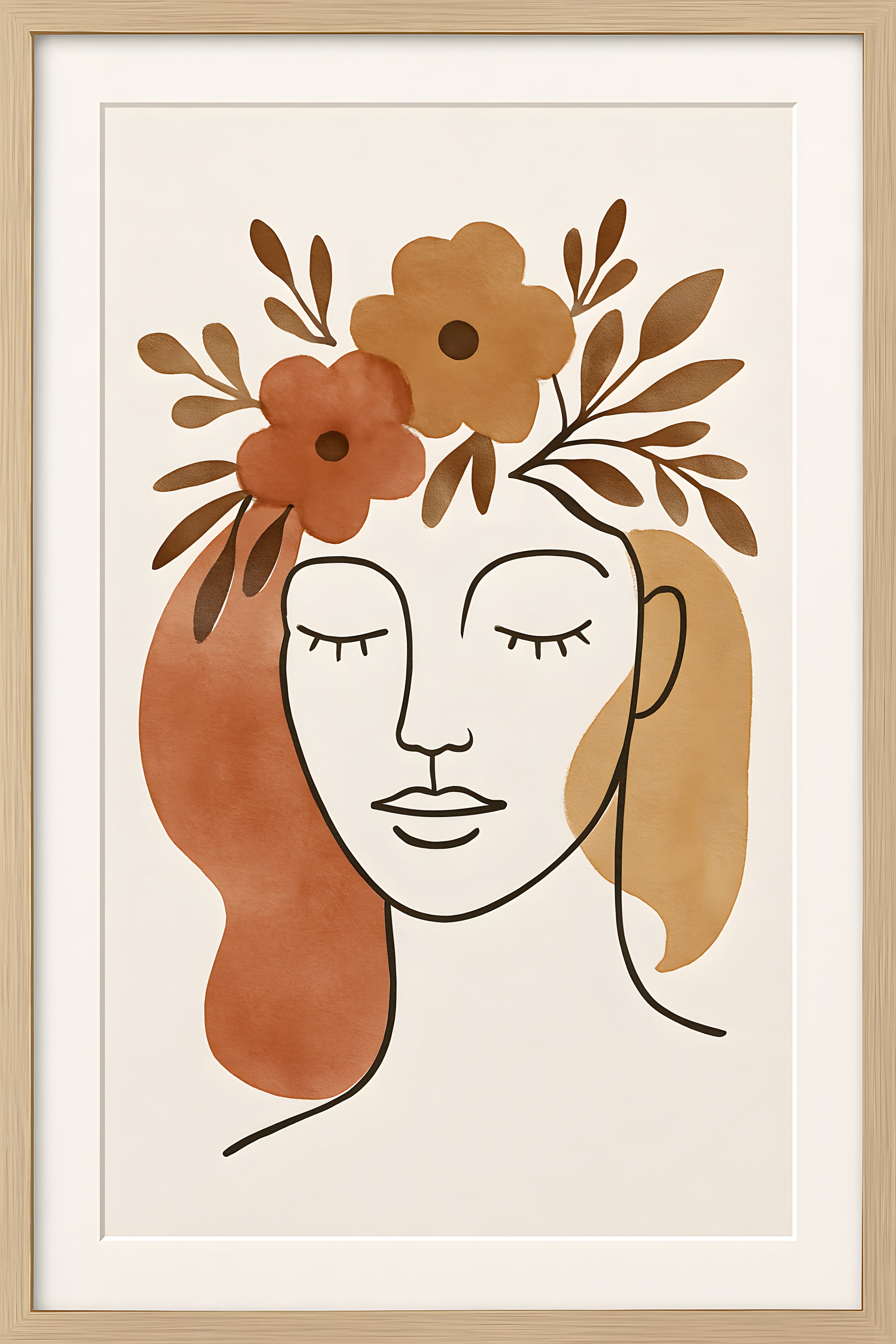 Abstract boho face with closed eyes and floral crown | Printable Wall Art | Instant Download