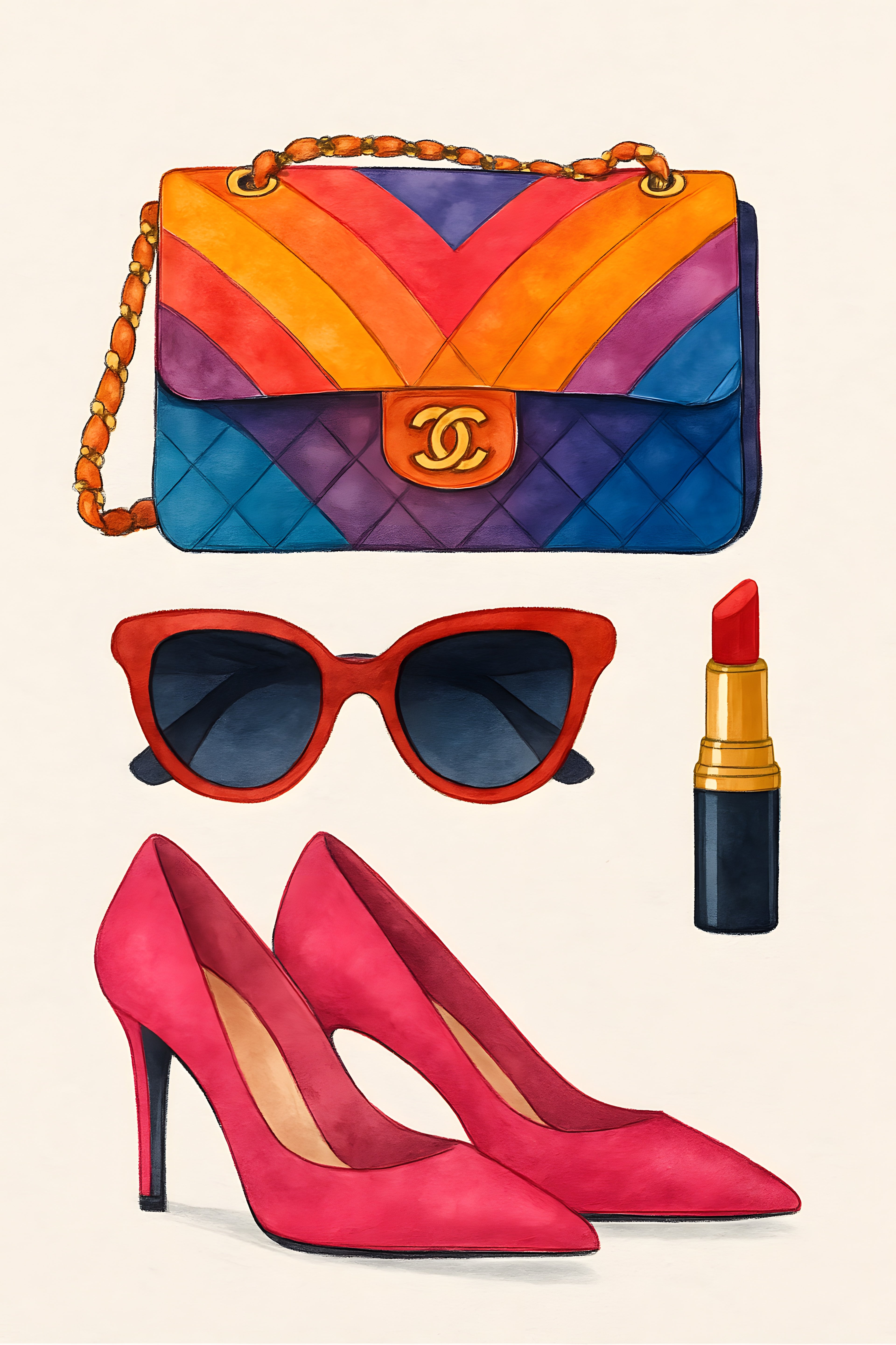 Colorful fashion flat lay — designer bag | Printable Wall Art | Instant Download