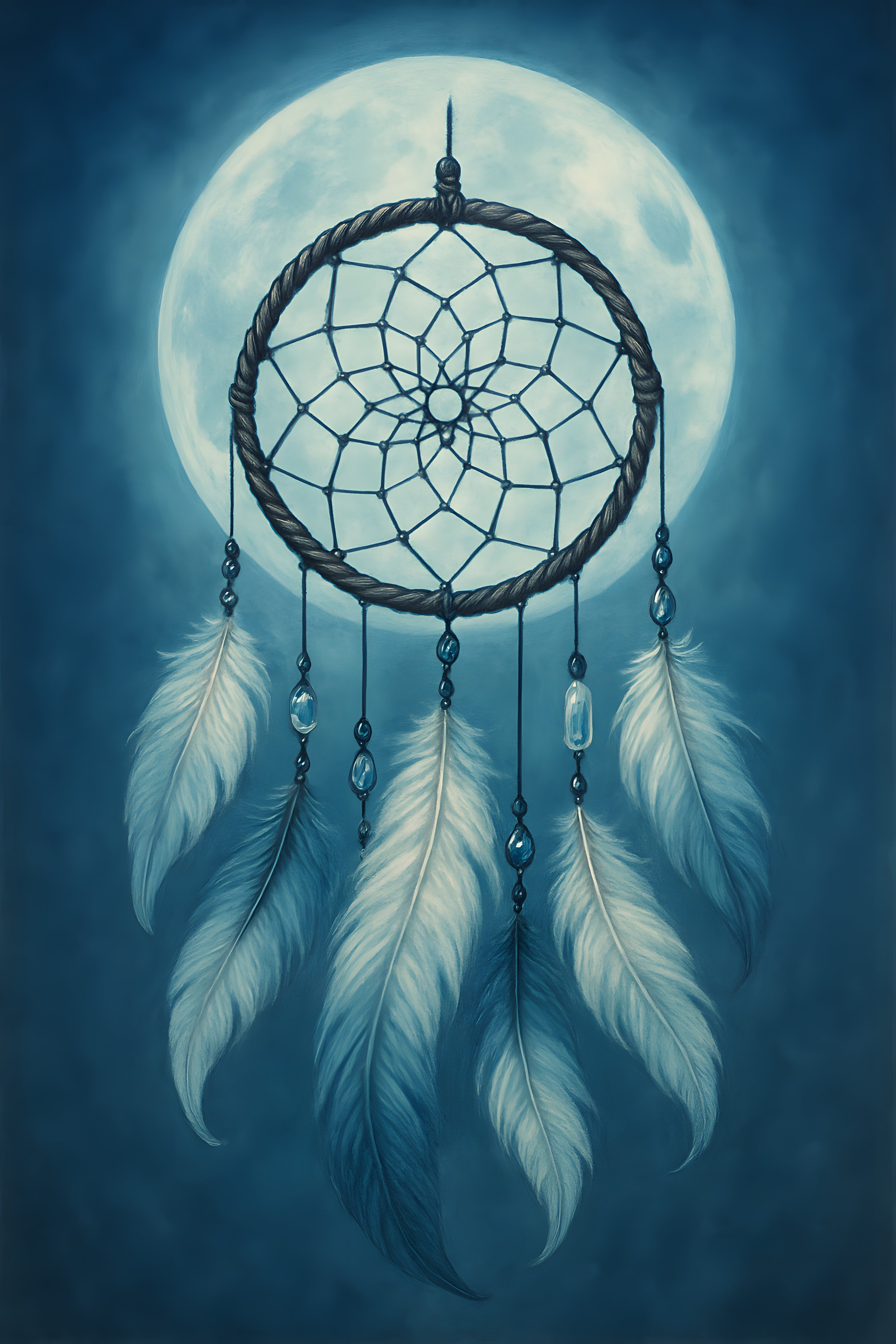Dream catcher with feathers and crystals under full moon | Printable Wall Art | Instant Download