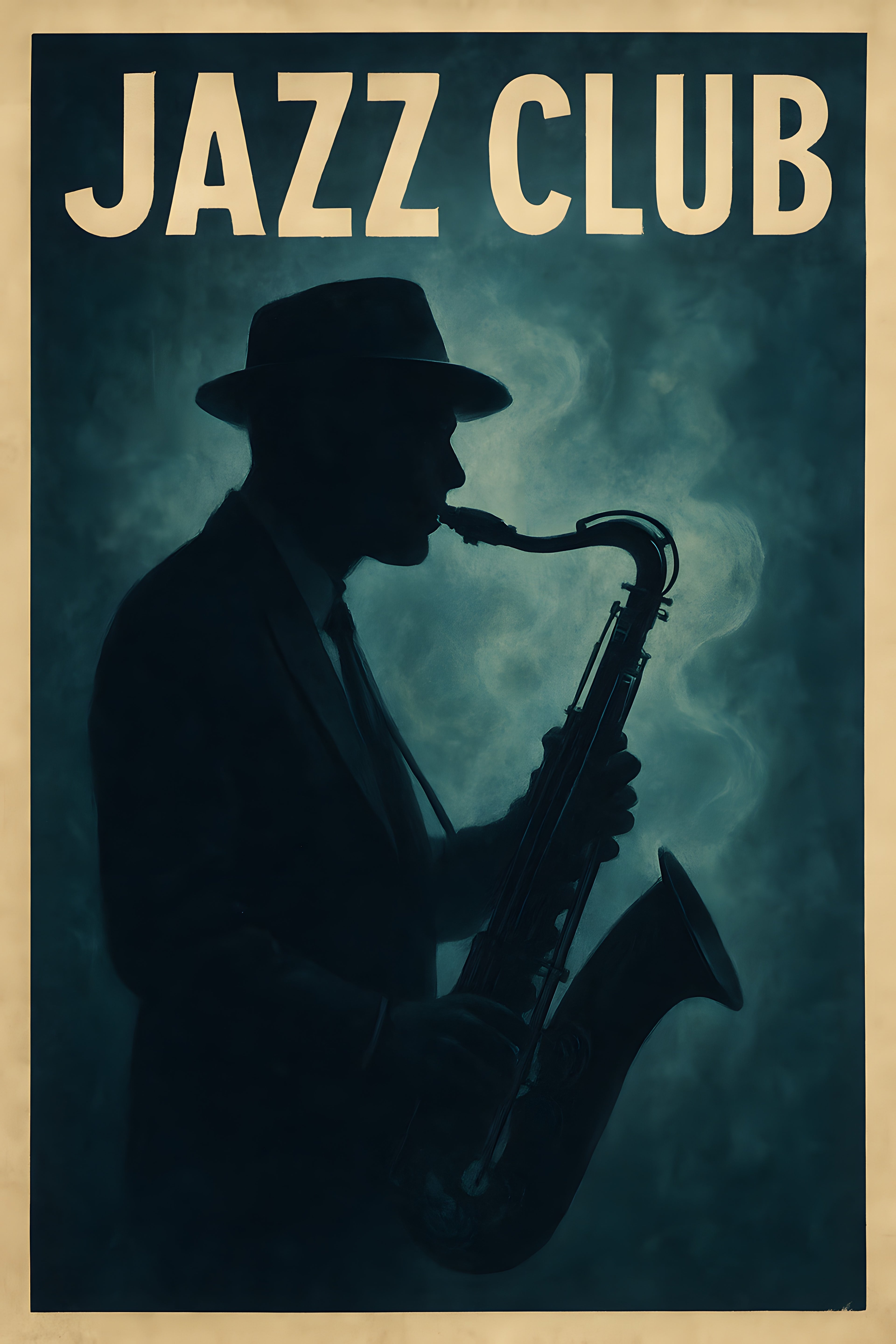 Vintage jazz club poster with saxophone player silhouette | Printable Wall Art | Instant Download