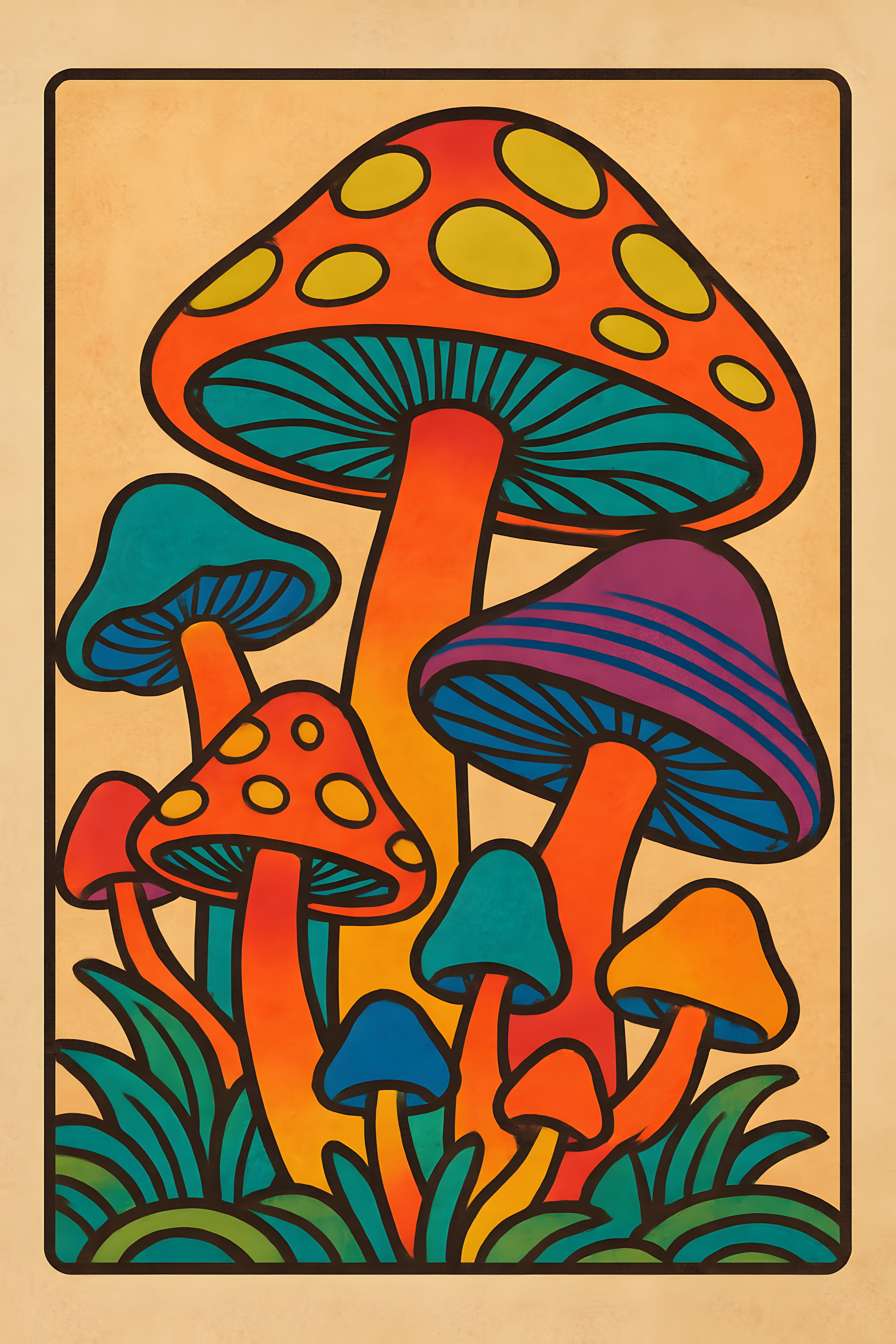 Retro 1970s botanical mushroom illustration | Printable Wall Art | Instant Download